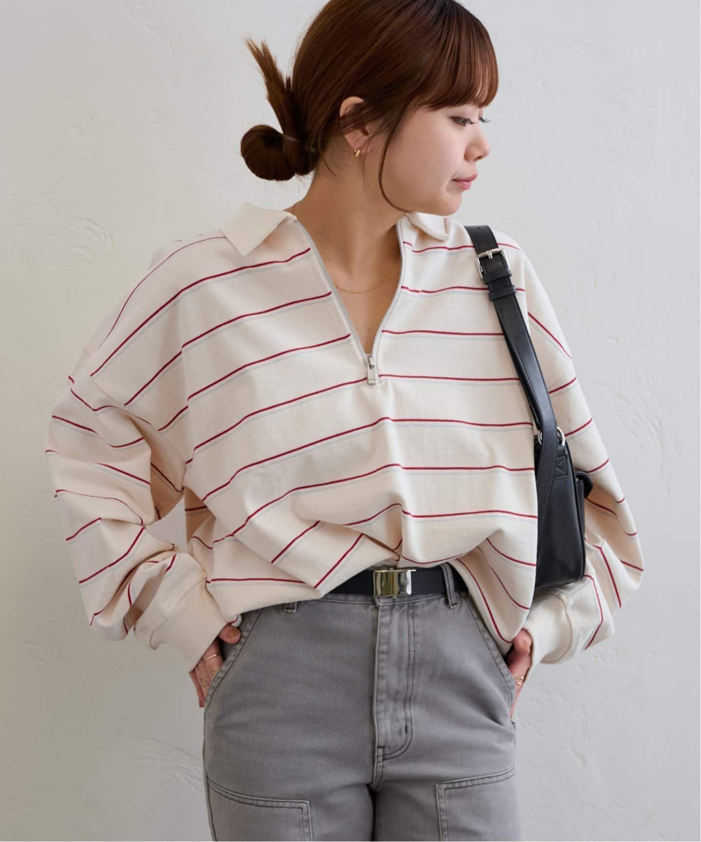 【ユーバイ スピック&スパン/U by Spick&Span】のボーダーハーフジッププルオーバー インテリア・キッズ・メンズ・レディースファッション・服の通販 founy(ファニー) 　ファッション　Fashion　レディースファッション　Fashion for Women　トップス・カットソー　Cut & Sew Tops　カジュアルプルオーバー・ニットトップス　Pullovers & Knit Tops / Casual Pullovers　2025年　2025　2025春夏・S/S　Spring/Summer 2025 SS25　カットソー　Cut and Sewn Top　ショート　Short, Short Length　スウェット / スエット　Sweatshirt, Sweatwear　スラックス　Slacks, Dress Pants　ボトム　Bottoms, Lower Wear　ボーダー　Border, Stripe　ヴィンテージ　Vintage Style　レッド|ID: prp329100004672739 ipo3291000000033774912