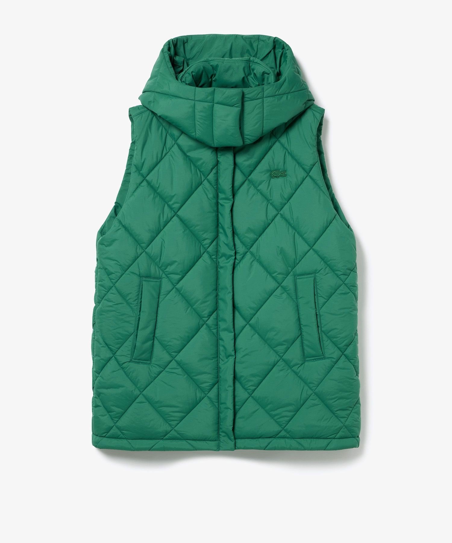 【ラコステ/LACOSTE】の撥水 ボリュームスタンドネック キルティングベスト / 2WAY フード取り外し可 インテリア・キッズ・メンズ・レディースファッション・服の通販 founy(ファニー) 　ファッション　Fashion　レディースファッション　Fashion for Women　アウター　Coat / Outerwear Collection　トップス・カットソー　Cut & Sew Tops　ベスト&ジレ / 重ね着スタイル　Vests & Gilets　おすすめ　Recommended / Our Picks　キルティング　Quilted, Quilting　スタンド　Stand Collar, Upright Stand　タフタ　Taffeta, Structured Fabric　デニム　Denim, Jeans Material　ベスト　Vest, Waistcoat　グリーン|ID: prp329100004673254 ipo3291000000033776869