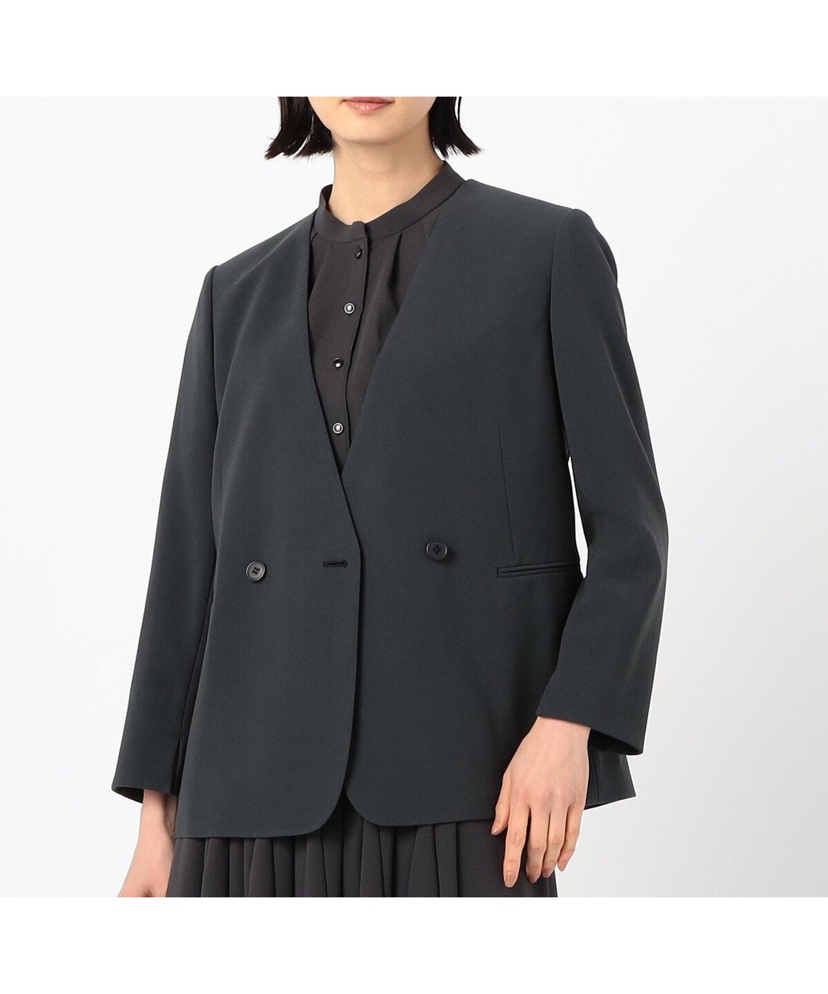 【コムサ/COMME CA】の【セットアップ対応】アチェローザダブルクロス ノーカラージャケット インテリア・キッズ・メンズ・レディースファッション・服の通販 founy(ファニー) 　ファッション　Fashion　レディースファッション　Fashion for Women　アウター　Coat / Outerwear Collection　レディースジャケット・軽アウター　Jackets　ノーカラージャケット / シンプル上品コーデ　Collarless Jackets　オーガンジー　Organza Fabric　ジャケット　Jacket, Outerwear　ジョーゼット　Georgette, Semi-Sheer Fabric　ストレッチ　Stretch, Stretchy Fabric　スリット　Slit, Slit Detail　セットアップ　Set-Up, Coordinated Outfit　ダブル　Double, Double-Breasted　08:ブルーグレー|ID: prp329100004673360 ipo3291000000033777241