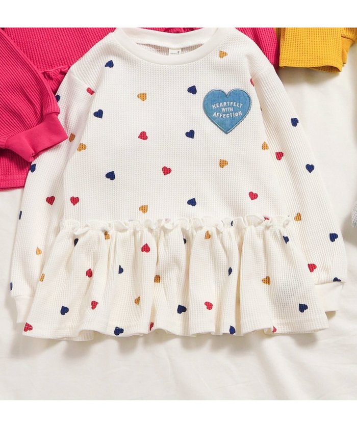 【エフオー オンラインストア/F.O.Online Store / KIDS】のワッフルペプラムハートモチーフTシャツ インテリア・キッズ・メンズ・レディースファッション・服の通販 founy(ファニー) https://founy.com/ ファッション Fashion キッズファッション Fashion for Kids 長袖 Long Sleeve, Full Sleeve |ID: prp329100004673412 ipo3291000000033901809