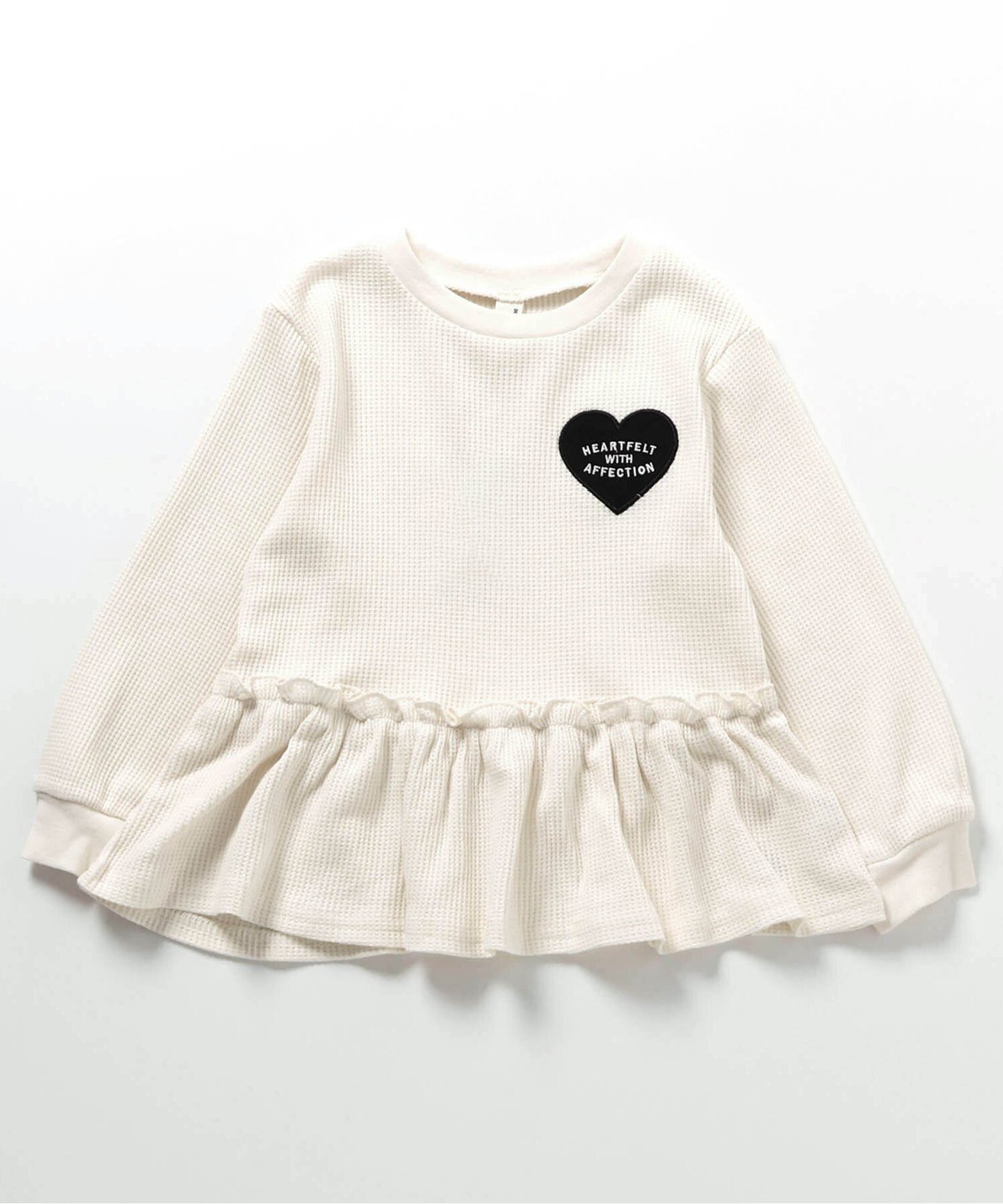【エフオー オンラインストア/F.O.Online Store / KIDS】のワッフルペプラムハートモチーフTシャツ インテリア・キッズ・メンズ・レディースファッション・服の通販 founy(ファニー) 　ファッション　Fashion　キッズファッション　Fashion for Kids　長袖　Long Sleeve, Full Sleeve　アイボリー|ID: prp329100004673412 ipo3291000000033901814