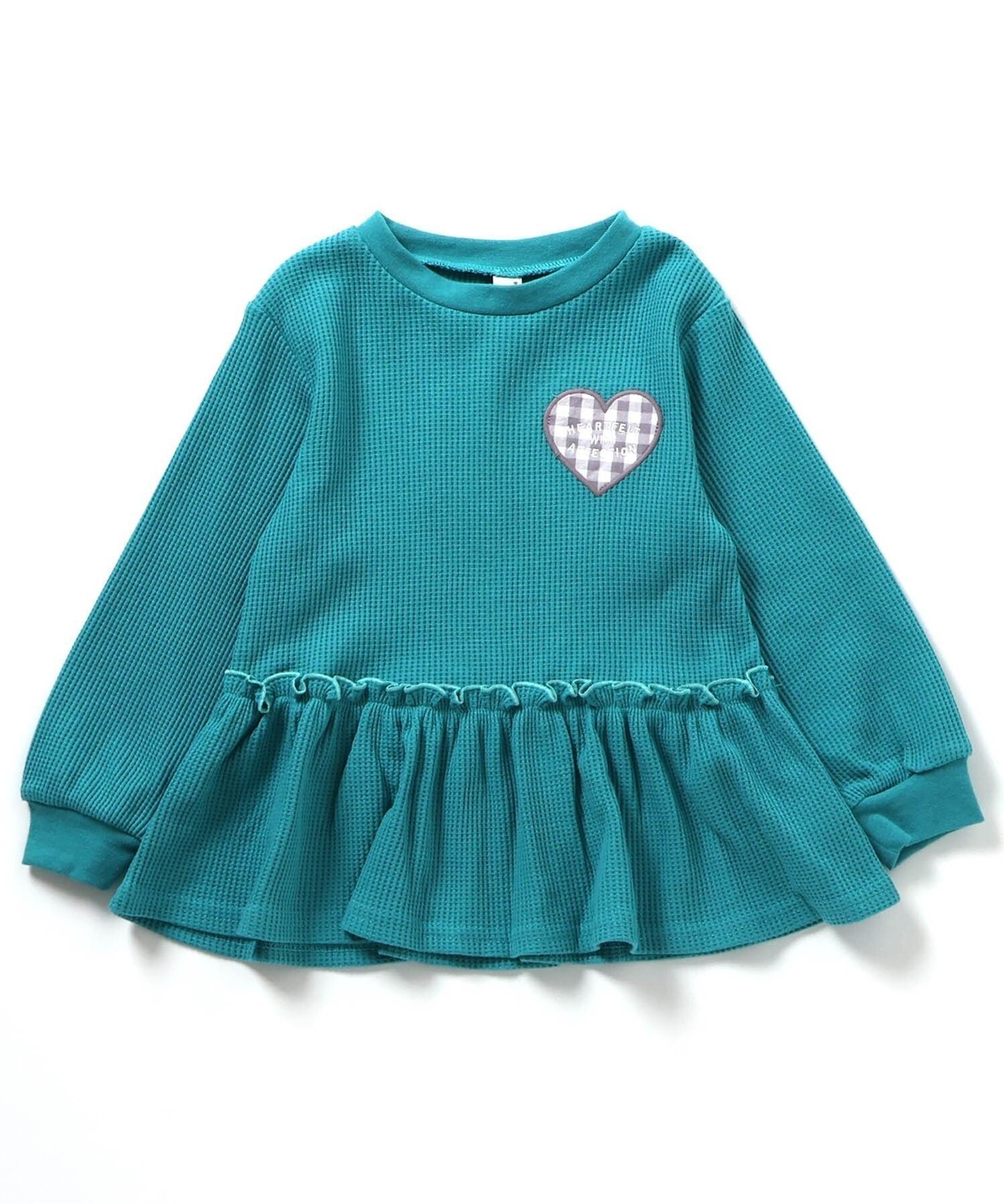 【エフオー オンラインストア/F.O.Online Store / KIDS】のワッフルペプラムハートモチーフTシャツ インテリア・キッズ・メンズ・レディースファッション・服の通販 founy(ファニー) 　ファッション　Fashion　キッズファッション　Fashion for Kids　長袖　Long Sleeve, Full Sleeve　ミント|ID: prp329100004673412 ipo3291000000033901815