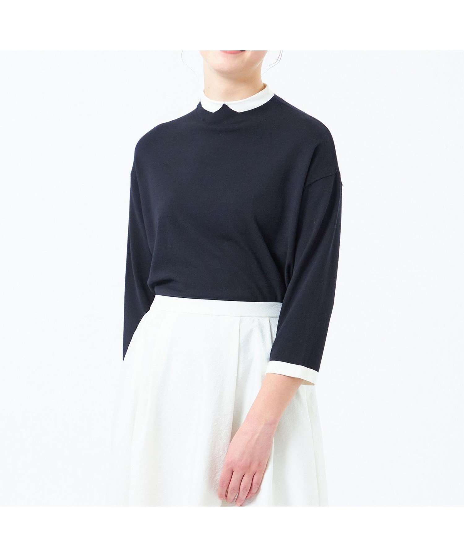 【マッキントッシュ フィロソフィー/MACKINTOSH PHILOSOPHY】のCleric Collar Knit ワイドフィット(七分袖) インテリア・キッズ・メンズ・レディースファッション・服の通販 founy(ファニー) 　ファッション　Fashion　レディースファッション　Fashion for Women　トップス・カットソー　Cut & Sew Tops　ニット　Knit Tops & Sweaters　おすすめ　Recommended / Our Picks　インナー　Innerwear　シンプル　Simple, Minimal　ジャケット　Jacket, Outerwear　ストレッチ　Stretch, Stretchy Fabric　ドレープ　Drape, Draping Fabric　フィット　Fit, Slim Fit　ミックス　Mix, Mixed Style　リラックス　Relax, Relaxed Fit　ロング　Long, Long-Length　ワイド　Wide, Wide Fit　エレガント 上品　Elegant　冬　Winter / This Winter　春　Spring　秋　Autumn　ネイビー|ID: prp329100004673899 ipo3291000000033779319