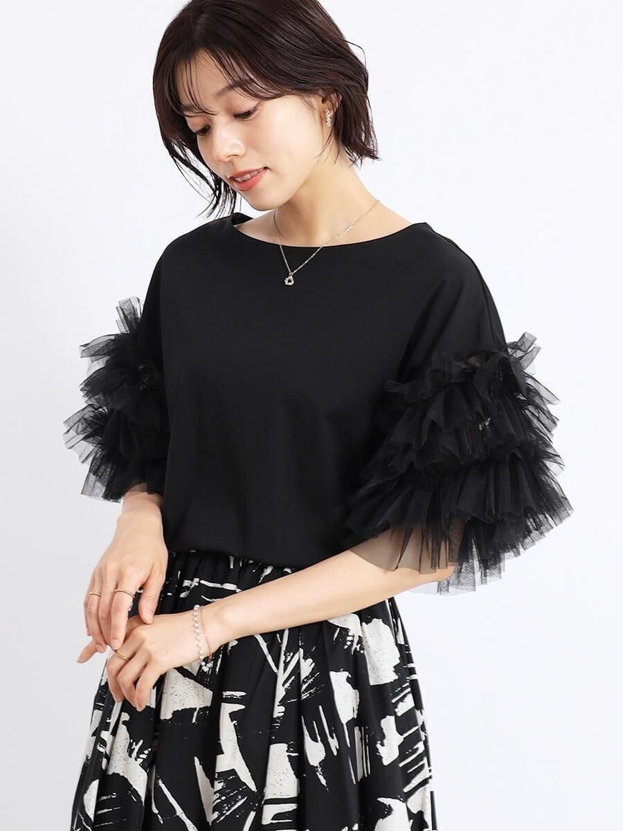 【ヴァン/Vin】のボリュームチュールスリーブカットソー インテリア・キッズ・メンズ・レディースファッション・服の通販 founy(ファニー) 　ファッション　Fashion　レディースファッション　Fashion for Women　トップス・カットソー　Cut & Sew Tops　カットソー・ベーシックTシャツ　Cut-and-Sewn Tops / Stretch Tees & Basics　インナー　Innerwear　カットソー　Cut and Sewn Top　シンプル　Simple, Minimal　タイトスカート　Pencil Skirt, Tight Skirt　ドッキング　Docking, Mixed Material　バランス　Balance, Style Balance　エレガント 上品　Elegant　ブラック|ID: prp329100004674257 ipo3291000000033780762