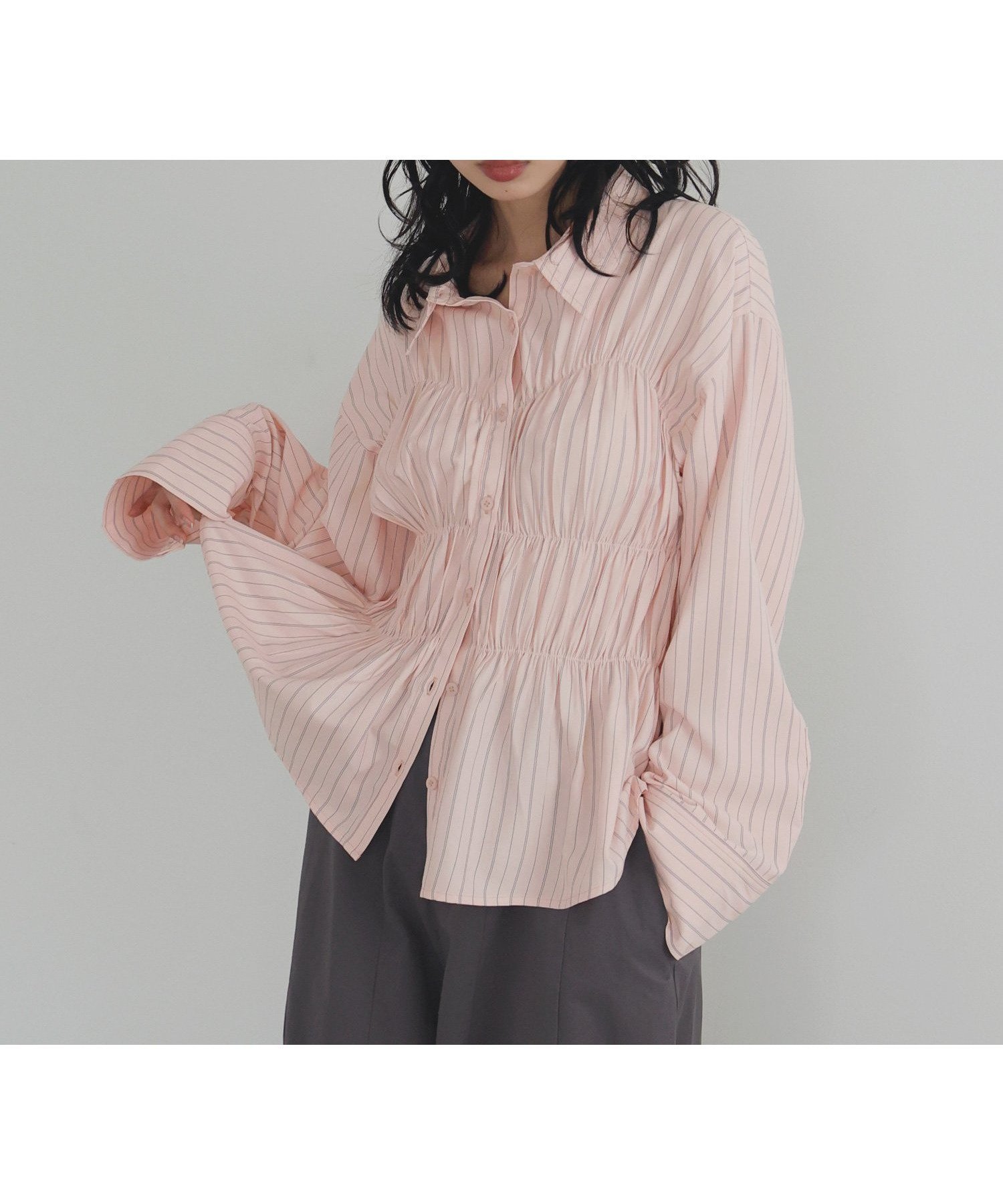 【リアン/Lian】のシャーリングビスチェデザインシャツ インテリア・キッズ・メンズ・レディースファッション・服の通販 founy(ファニー) 　ファッション　Fashion　レディースファッション　Fashion for Women　トップス・カットソー　Cut & Sew Tops　シャツ・ブラウス・オフィスカジュアル　Elegant Blouses & Button-Ups　ビスチェ　Bustiers & Corset Tops / Layered Bustier Style　2025年　2025　2025-2026秋冬・A/W　Autumn/Winter 2025–26 AW25–26　ストライプ　Stripe, Striped Pattern　無地　Plain, Solid Color　ピンクストライプ|ID: prp329100004674292 ipo3291000000033780918