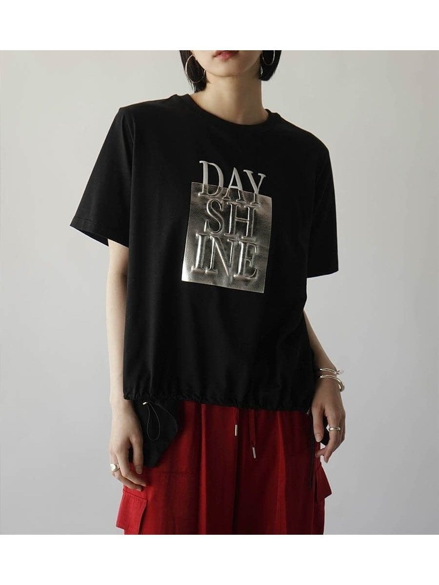 【ラシュッド/LASUD】の箔プリントロゴTシャツ インテリア・キッズ・メンズ・レディースファッション・服の通販 founy(ファニー) 　ファッション　Fashion　レディースファッション　Fashion for Women　トップス・カットソー　Cut & Sew Tops　シャツ・ブラウス・オフィスカジュアル　Elegant Blouses & Button-Ups　ロングTシャツ・Tシャツ　Longline T-Shirts & Tees　ドローコード　Drawcord, Drawstring Cord　プリント　Print, Printed Pattern　ブラック|ID: prp329100004677466 ipo3291000000033793808