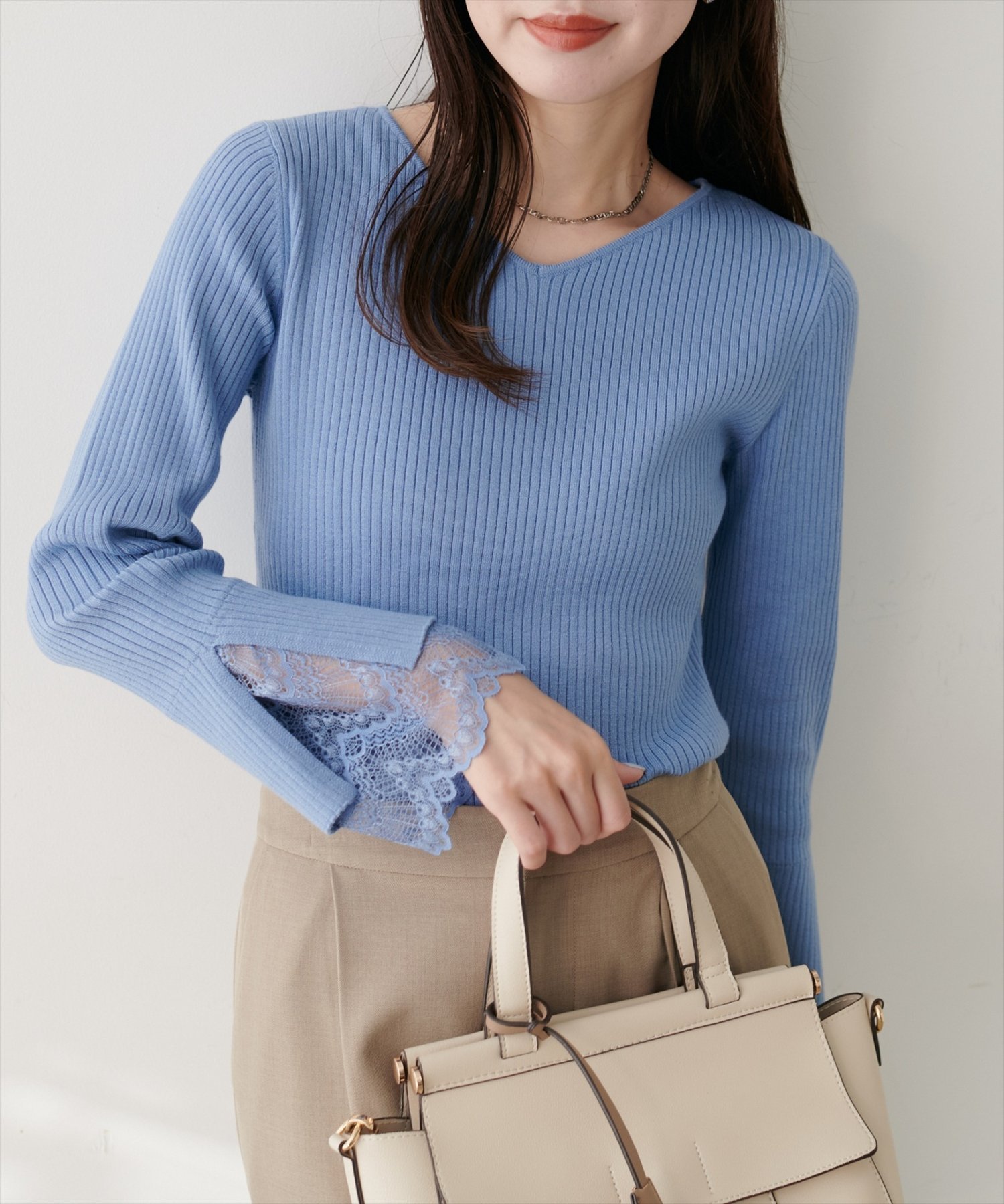 【ナチュラルクチュール/natural couture】の前後2WAY袖口レースリブニット インテリア・キッズ・メンズ・レディースファッション・服の通販 founy(ファニー) 　ファッション　Fashion　レディースファッション　Fashion for Women　トップス・カットソー　Cut & Sew Tops　ニット　Knit Tops & Sweaters　シンプル　Simple, Minimal　デニム　Denim, Jeans Material　人気　Popular, Best Seller　リブニット　Rib Knit, Ribbed Knit　レース　Lace, Lace Fabric　冬　Winter / This Winter　おすすめ　Recommended / Our Picks　ビジネス 仕事 通勤　Business / Work / Commuting　2025年　2025　2025-2026秋冬・A/W　Autumn/Winter 2025–26 AW25–26　ブルー|ID: prp329100004678065 ipo3291000000033796806