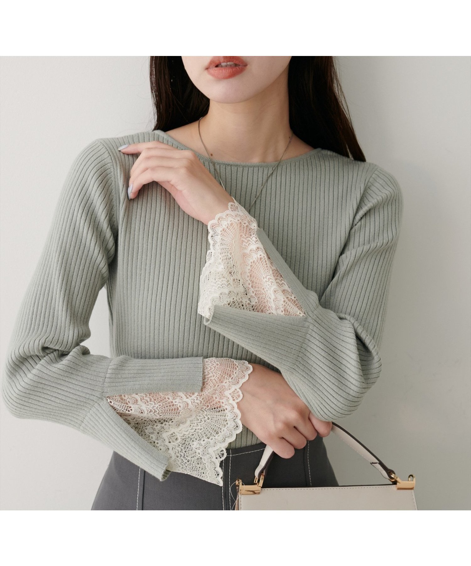【ナチュラルクチュール/natural couture】の前後2WAY袖口レースリブニット インテリア・キッズ・メンズ・レディースファッション・服の通販 founy(ファニー) 　ファッション　Fashion　レディースファッション　Fashion for Women　トップス・カットソー　Cut & Sew Tops　ニット　Knit Tops & Sweaters　シンプル　Simple, Minimal　デニム　Denim, Jeans Material　人気　Popular, Best Seller　リブニット　Rib Knit, Ribbed Knit　レース　Lace, Lace Fabric　冬　Winter / This Winter　おすすめ　Recommended / Our Picks　ビジネス 仕事 通勤　Business / Work / Commuting　2025年　2025　2025-2026秋冬・A/W　Autumn/Winter 2025–26 AW25–26　ミント|ID: prp329100004678065 ipo3291000000033796808