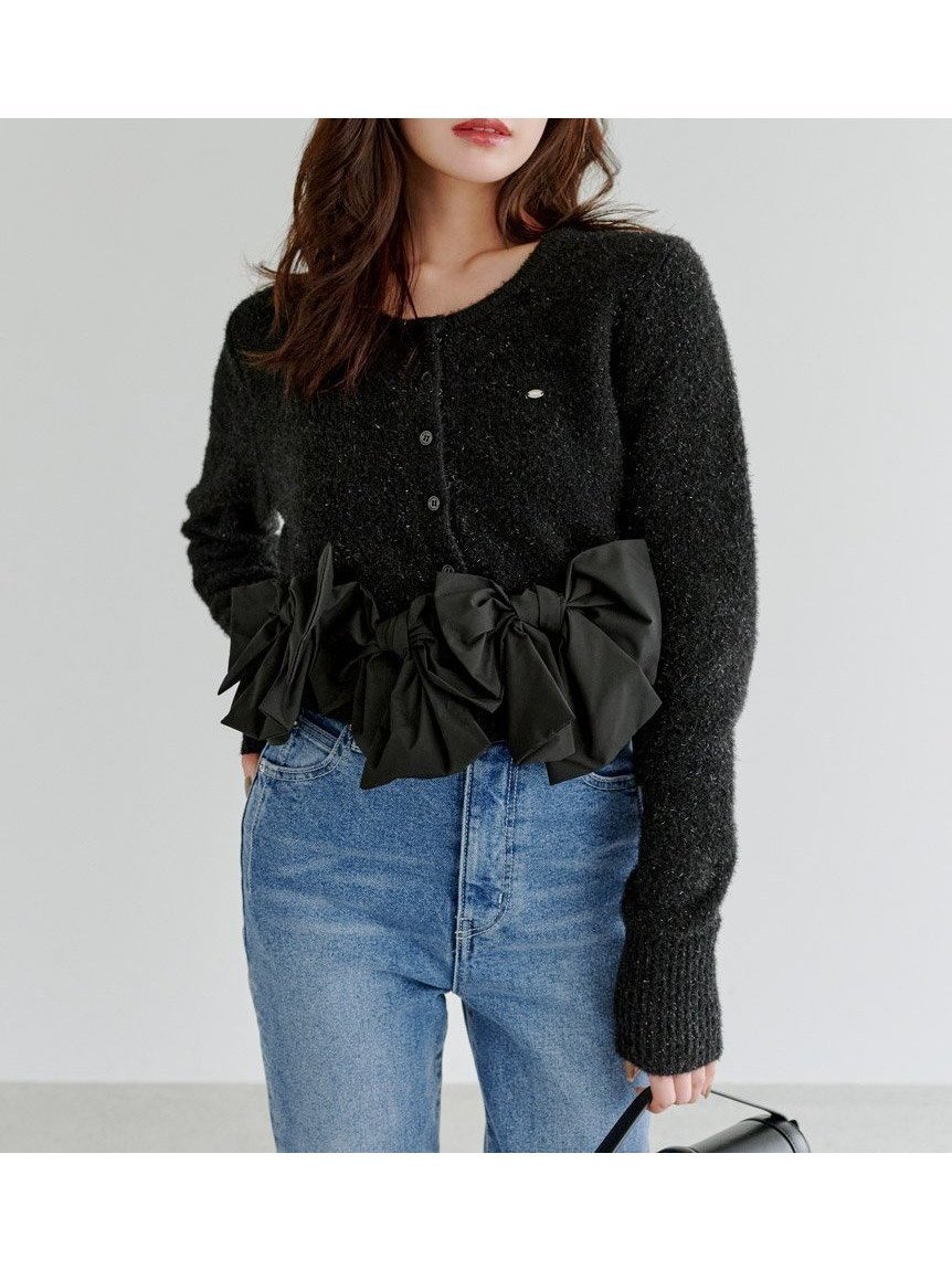 【スナイデル/SNIDEL】のリボンモチーフカーディガン インテリア・キッズ・メンズ・レディースファッション・服の通販 founy(ファニー) 　ファッション　Fashion　レディースファッション　Fashion for Women　トップス・カットソー　Cut & Sew Tops　カーディガン・羽織り　Layered Style Cardigans　シルバー　Silver, Metallic Silver　タフタ　Taffeta, Structured Fabric　リボン　Ribbon, Bow　ロマンティック　Romantic, Feminine Style　BLK[009]|ID: prp329100004678130 ipo3291000000033797143