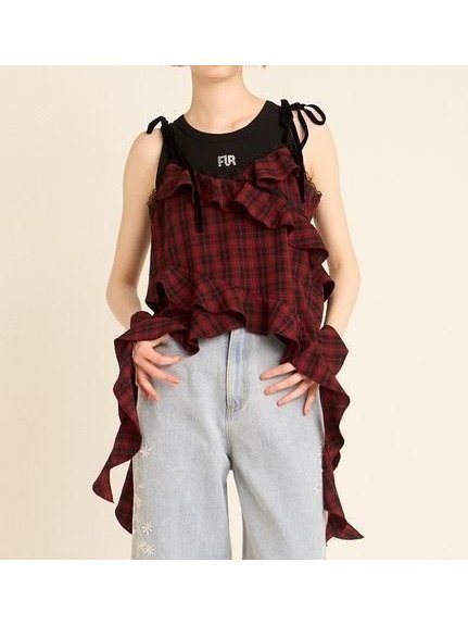 【ファーファー/FURFUR】のフリルキャミトップス インテリア・キッズ・メンズ・レディースファッション・服の通販 founy(ファニー) 　ファッション　Fashion　レディースファッション　Fashion for Women　トップス・カットソー　Cut & Sew Tops　キャミソール&ノースリーブ　Camisoles & Sleeveless Tops　インナー　Innerwear　シアー　Sheer, See-Through　チェック　Check, Plaid, Tartan　フェミニン　Feminine, Girly　フリル　Frill, Ruffle　ベロア　Velour, Soft Velvet　リボン　Ribbon, Bow　レース　Lace, Lace Fabric　RED[046]|ID: prp329100004678465 ipo3291000000033798905