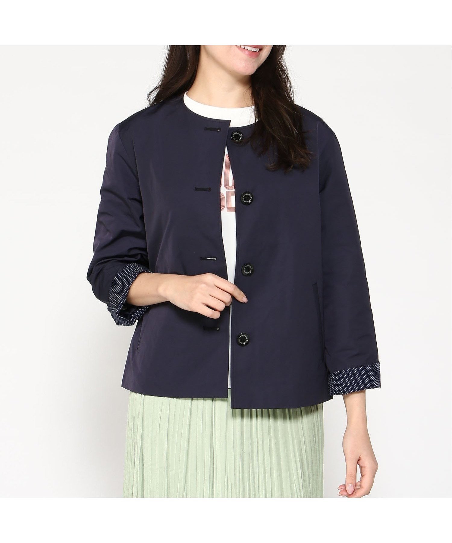 【クロコダイル/CROCODILE】のコットンブレンド ノーカラージャケット インテリア・キッズ・メンズ・レディースファッション・服の通販 founy(ファニー) 　ファッション　Fashion　レディースファッション　Fashion for Women　アウター　Coat / Outerwear Collection　レディースジャケット・軽アウター　Jackets　ノーカラージャケット / シンプル上品コーデ　Collarless Jackets　ジャケット　Jacket, Outerwear　ネイビー|ID: prp329100004678483 ipo3291000000033799003
