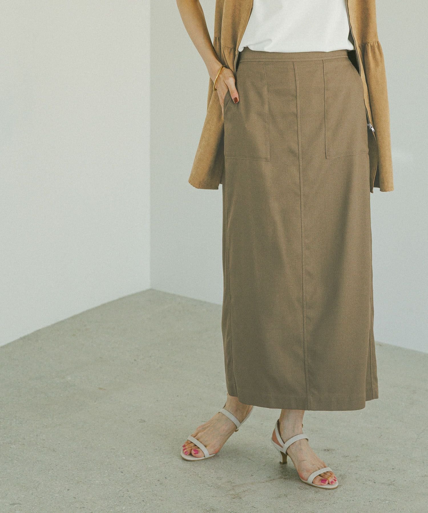【グローバルワーク/GLOBAL WORK】の冷感リネンIラインスカート/579534 インテリア・キッズ・メンズ・レディースファッション・服の通販 founy(ファニー) 　ファッション　Fashion　レディースファッション　Fashion for Women　スカート　Skirts　キャップ　Cap, Baseball Cap　シンプル　Simple, Minimal　スリット　Slit, Slit Detail　ポケット　Pocket, Pocket Detail　リネン　Linen, Linen Fabric　楽ちん　Easy Fit, Comfortable　オリーブ73|ID: prp329100004678755 ipo3291000000033999279