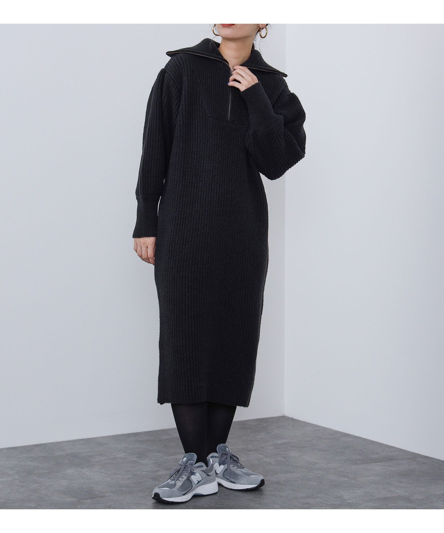 【その他のブランド/Other】のハーフジップ 畦編み ニットワンピース インテリア・キッズ・メンズ・レディースファッション・服の通販 founy(ファニー) 　ファッション　Fashion　レディースファッション　Fashion for Women　ワンピース　Dresses　ニットワンピース　Knit Dresses　おすすめ　Recommended / Our Picks　インナー　Innerwear　タートルネック　Turtleneck, High Neck　トレンド　Trend, Trending Now　ロング　Long, Long-Length　畦　Ribbed Knit　BLACK|ID: prp329100004678914 ipo3291000000033801285