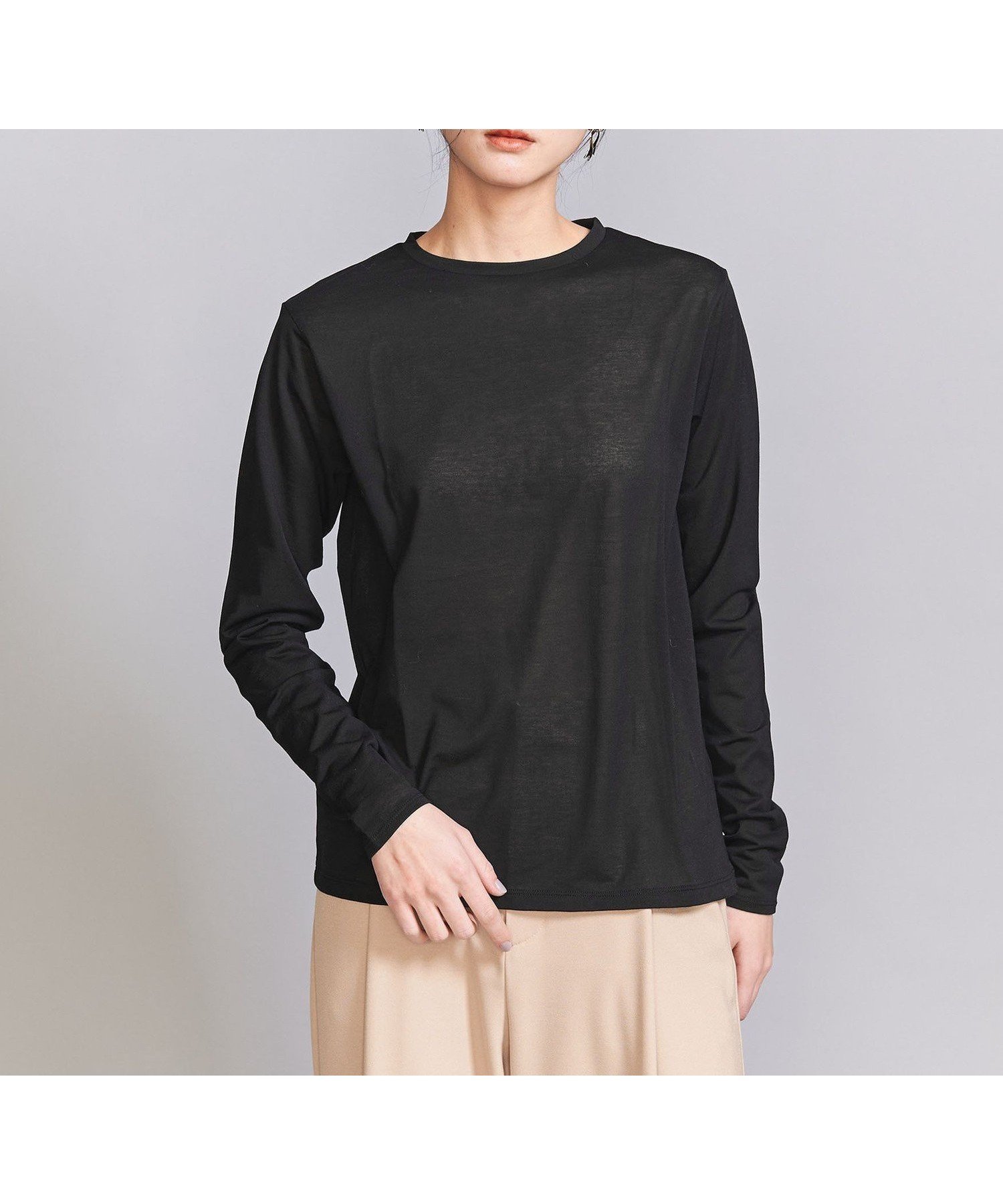 【ビューティ&ユース ユナイテッドアローズ/BEAUTY&YOUTH / UNITED ARROWS】のコットンナイロン天竺 シアー クルーネック Tシャツ インテリア・キッズ・メンズ・レディースファッション・服の通販 founy(ファニー) 　ファッション　Fashion　レディースファッション　Fashion for Women　トップス・カットソー　Cut & Sew Tops　シャツ・ブラウス・オフィスカジュアル　Elegant Blouses & Button-Ups　ロングTシャツ・Tシャツ　Longline T-Shirts & Tees　インナー　Innerwear　カットソー　Cut and Sewn Top　カーディガン　Cardigan, Knitwear　シアー　Sheer, See-Through　ジャケット　Jacket, Outerwear　スリーブ　Sleeve, Long Sleeve / Short Sleeve　トレンド　Trend, Trending Now　定番　Standard, Basic Item　フェミニン　Feminine, Girly　ロング　Long, Long-Length　おすすめ　Recommended / Our Picks　BLACK|ID: prp329100004680976 ipo3291000000034502426