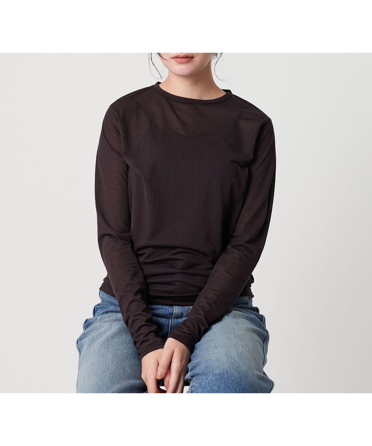 【ビューティ&ユース ユナイテッドアローズ/BEAUTY&YOUTH / UNITED ARROWS】のコットンナイロン天竺 シアー クルーネック Tシャツ インテリア・キッズ・メンズ・レディースファッション・服の通販 founy(ファニー) 　ファッション　Fashion　レディースファッション　Fashion for Women　トップス・カットソー　Cut & Sew Tops　シャツ・ブラウス・オフィスカジュアル　Elegant Blouses & Button-Ups　ロングTシャツ・Tシャツ　Longline T-Shirts & Tees　インナー　Innerwear　カットソー　Cut and Sewn Top　カーディガン　Cardigan, Knitwear　シアー　Sheer, See-Through　ジャケット　Jacket, Outerwear　スリーブ　Sleeve, Long Sleeve / Short Sleeve　トレンド　Trend, Trending Now　定番　Standard, Basic Item　フェミニン　Feminine, Girly　ロング　Long, Long-Length　おすすめ　Recommended / Our Picks　DK.BROWN|ID: prp329100004680976 ipo3291000000034502428