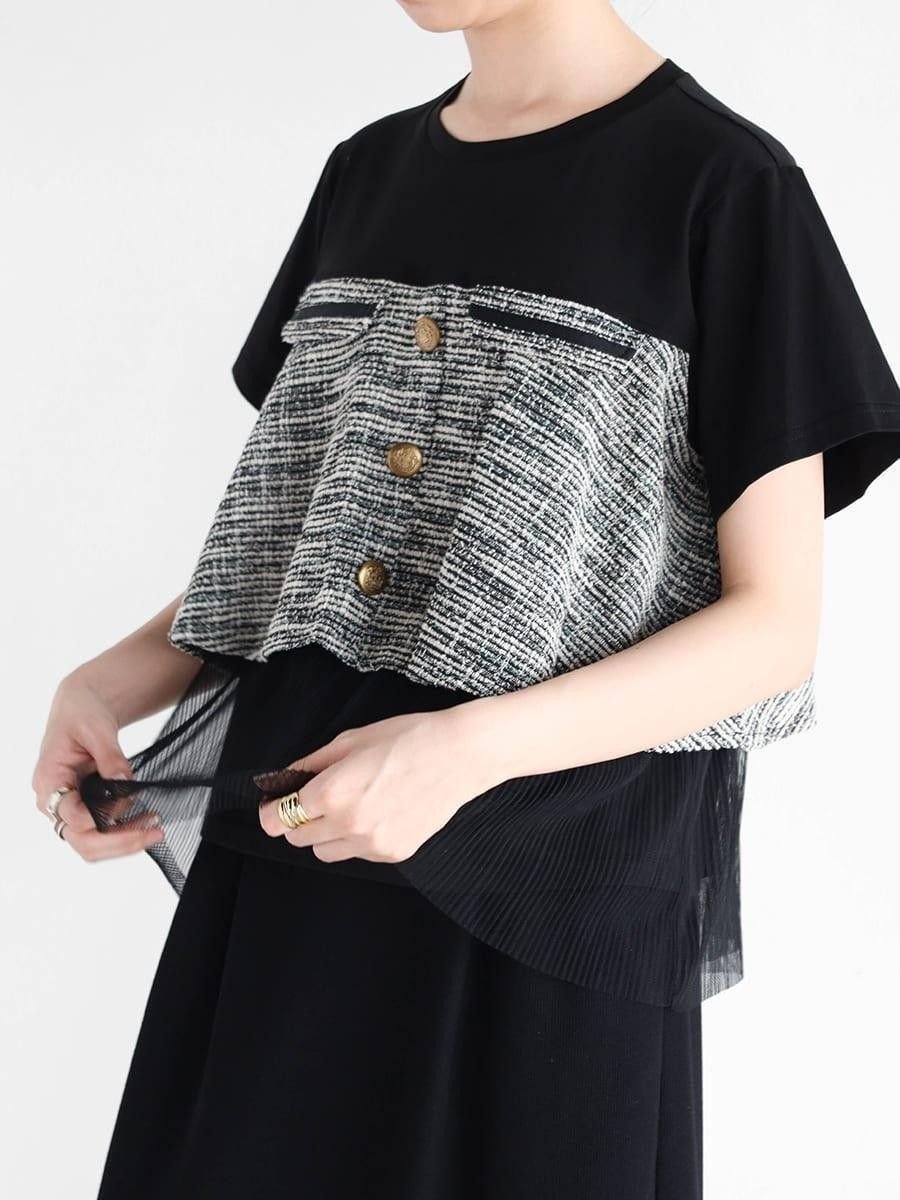 【ヴァン/Vin】のツイードドッキングトップス インテリア・キッズ・メンズ・レディースファッション・服の通販 founy(ファニー) 　ファッション　Fashion　レディースファッション　Fashion for Women　トップス・カットソー　Cut & Sew Tops　おすすめ　Recommended / Our Picks　エレガント 上品　Elegant　チュール　Tulip, Tulip Motif　ツイード　Twill, Twill Weave　ドッキング　Docking, Mixed Material　フェミニン　Feminine, Girly　フロント　Front, Front Design　ポケット　Pocket, Pocket Detail　ブラック|ID: prp329100004681175 ipo3291000000033810617
