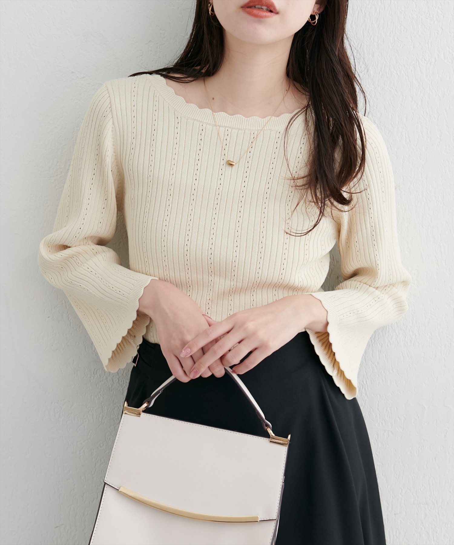 【ナチュラルクチュール/natural couture】の【WEB限定】フレアスリーブアイレットリブニット インテリア・キッズ・メンズ・レディースファッション・服の通販 founy(ファニー) 　ファッション　Fashion　レディースファッション　Fashion for Women　トップス・カットソー　Cut & Sew Tops　ニット　Knit Tops & Sweaters　2025年　2025　2025-2026秋冬・A/W　Autumn/Winter 2025–26 AW25–26　おすすめ　Recommended / Our Picks　シンプル　Simple, Minimal　スカラップ　Scallop, Scalloped Edge　スリーブ　Sleeve, Long Sleeve / Short Sleeve　デコルテ　Décolleté, Neckline　フィット　Fit, Slim Fit　フェミニン　Feminine, Girly　フレア　Flare, Flared　リブニット　Rib Knit, Ribbed Knit　ロング　Long, Long-Length　アイボリー|ID: prp329100004681540 ipo3291000000033889717