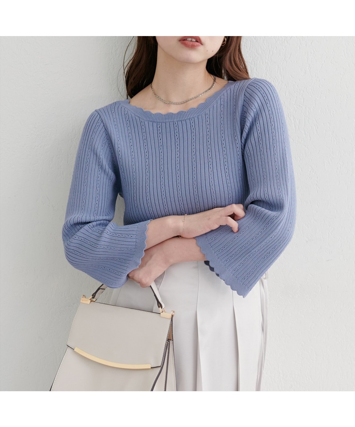 【ナチュラルクチュール/natural couture】の【WEB限定】フレアスリーブアイレットリブニット インテリア・キッズ・メンズ・レディースファッション・服の通販 founy(ファニー) 　ファッション　Fashion　レディースファッション　Fashion for Women　トップス・カットソー　Cut & Sew Tops　ニット　Knit Tops & Sweaters　2025年　2025　2025-2026秋冬・A/W　Autumn/Winter 2025–26 AW25–26　おすすめ　Recommended / Our Picks　シンプル　Simple, Minimal　スカラップ　Scallop, Scalloped Edge　スリーブ　Sleeve, Long Sleeve / Short Sleeve　デコルテ　Décolleté, Neckline　フィット　Fit, Slim Fit　フェミニン　Feminine, Girly　フレア　Flare, Flared　リブニット　Rib Knit, Ribbed Knit　ロング　Long, Long-Length　サックスブルー|ID: prp329100004681540 ipo3291000000033889722