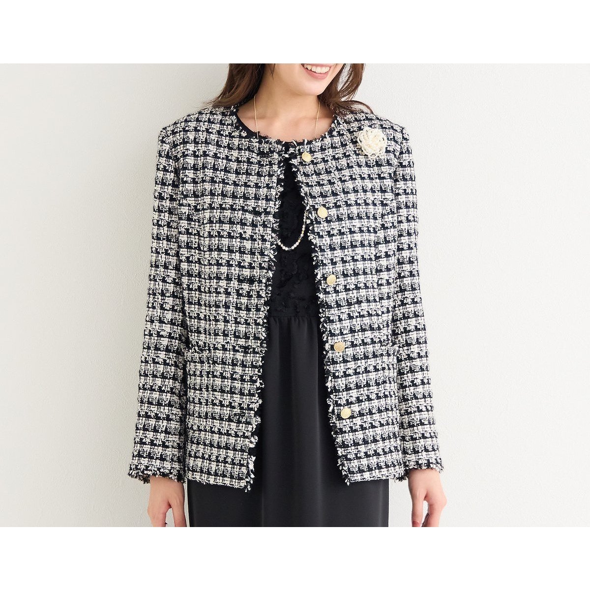 【ピサーノ/PISANO】のツィード・ノーカラージャケット インテリア・キッズ・メンズ・レディースファッション・服の通販 founy(ファニー) 　ファッション　Fashion　レディースファッション　Fashion for Women　アウター　Coat / Outerwear Collection　レディースジャケット・軽アウター　Jackets　ノーカラージャケット / シンプル上品コーデ　Collarless Jackets　エレガント 上品　Elegant　ジャケット　Jacket, Outerwear　ダウン　Down, Puffer　ツイード／ツィード　Choker, Choker Necklace　デニム　Denim, Jeans Material　長袖　Long Sleeve, Full Sleeve　パッチ　Patch, Appliqué　フリンジ　Fringe, Tassel　プリーツ　Pleats, Pleated　ポケット　Pocket, Pocket Detail　セレモニー　Ceremony　ブラック|ID: prp329100004681549 ipo3291000000033812455