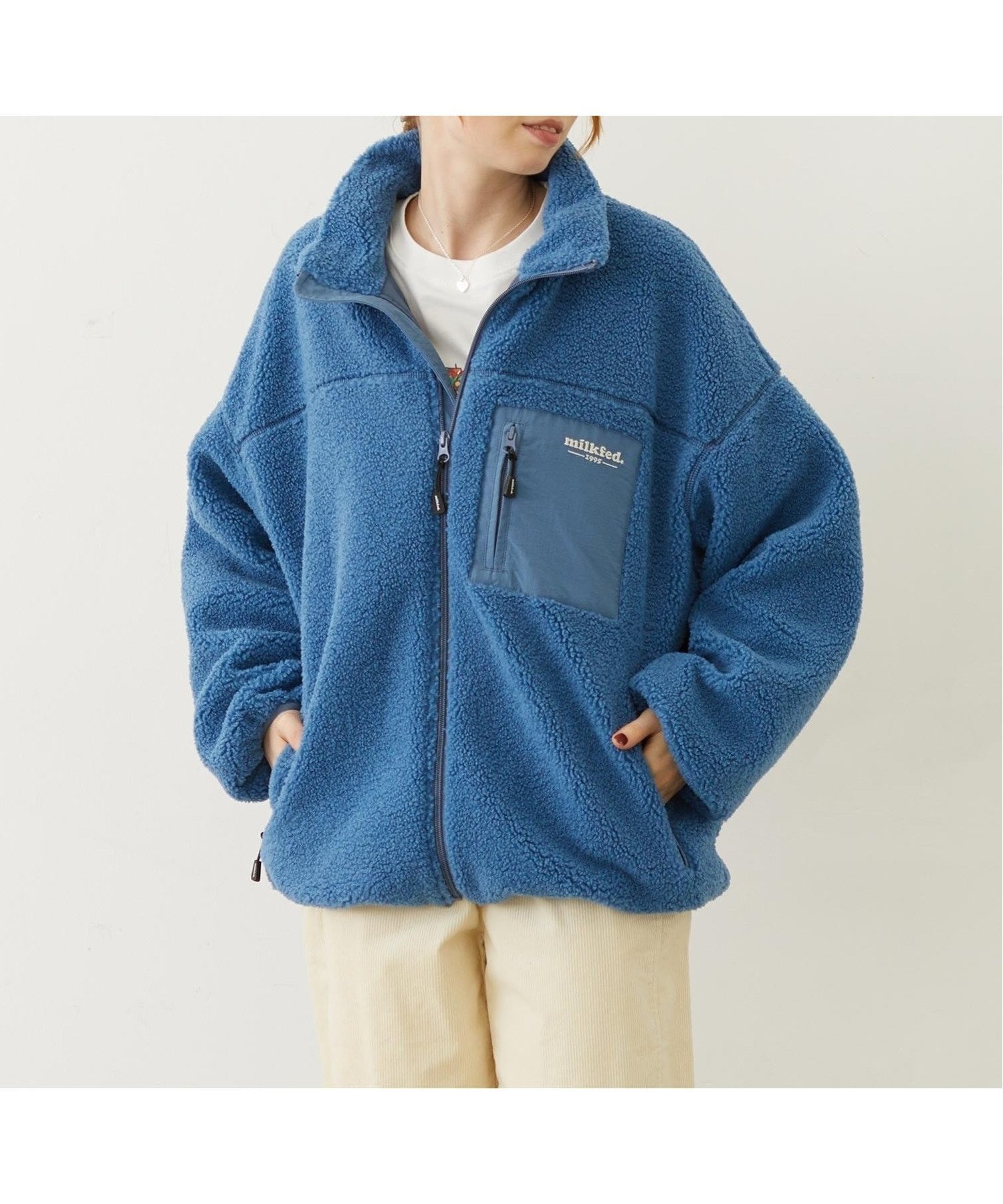 【ミルクフェド/MILKFED.】のLOGO BOA JACKET MILKFED. インテリア・キッズ・メンズ・レディースファッション・服の通販 founy(ファニー) 　ファッション　Fashion　レディースファッション　Fashion for Women　アウター　Coat / Outerwear Collection　レディースジャケット・軽アウター　Jackets　アウトドア　Outdoor Clothing　キャップ　Cap, Baseball Cap　ジャケット　Jacket, Outerwear　スニーカー　Sneakers, Trainers　トレンド　Trend, Trending Now　ポケット　Pocket, Pocket Detail　モコモコ　Fuzzy, Fluffy　人気　Popular, Best Seller　冬　Winter / This Winter　BLUE|ID: prp329100004681602 ipo3291000000034030427