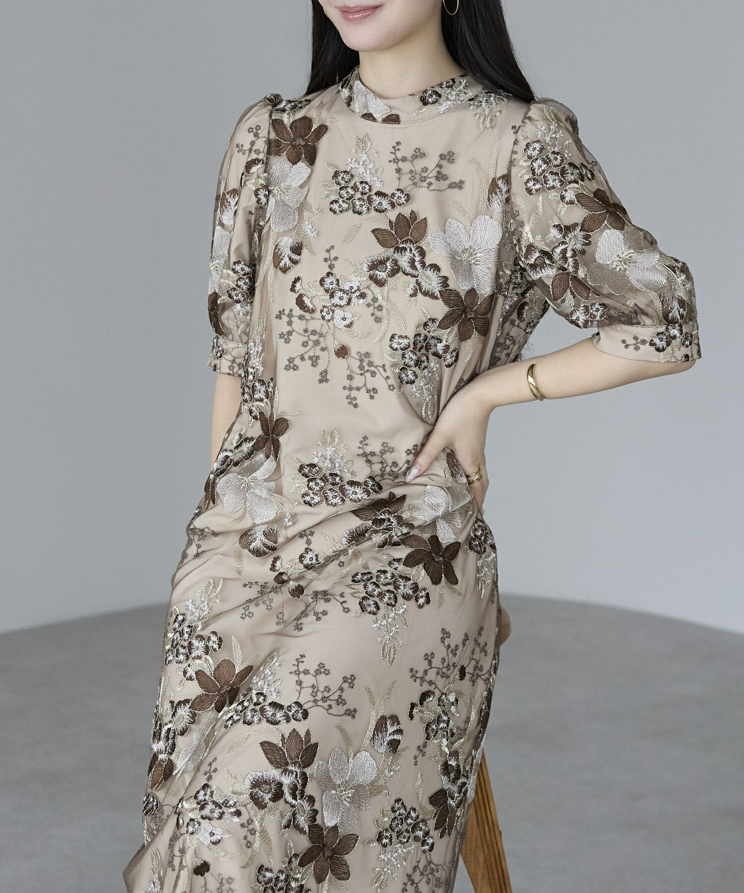 【プレフェリール/PREFERIR】の刺繍レースバルーンスリーブドレス インテリア・キッズ・メンズ・レディースファッション・服の通販 founy(ファニー) 　ファッション　Fashion　レディースファッション　Fashion for Women　ワンピース　Dresses　フォーマル・パーティードレス・結婚式用ドレス　Elegant & Casual Dresses　エンブロイダリー　Embroidery Design　ドレープ　Drape, Draping Fabric　結婚式　Wedding　ブラウン|ID: prp329100004681813 ipo3291000000033813614