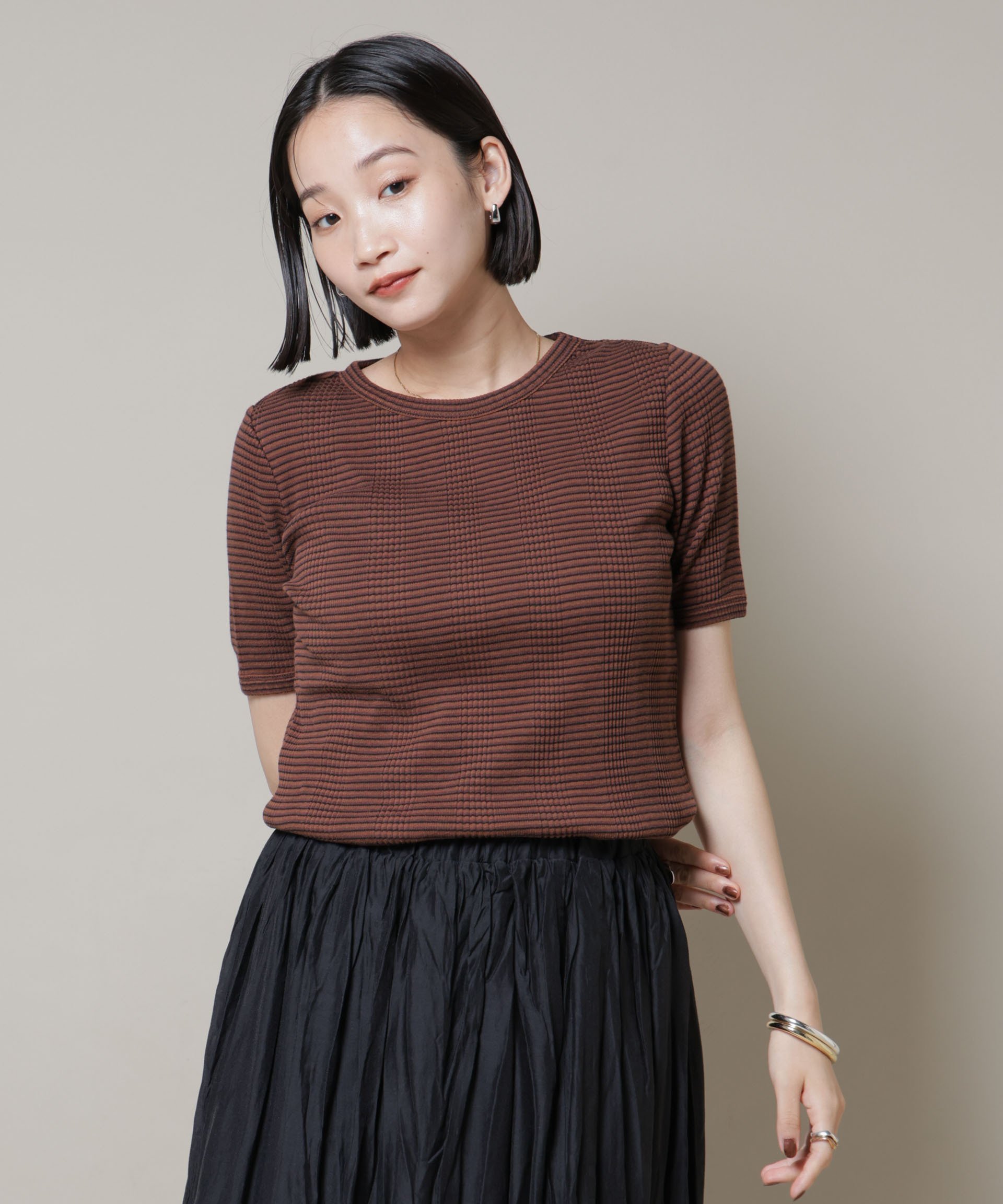 【ナノ ユニバース/nano universe】のマルチボーダーテレコリブカットトップス インテリア・キッズ・メンズ・レディースファッション・服の通販 founy(ファニー) 　ファッション　Fashion　レディースファッション　Fashion for Women　トップス・カットソー　Cut & Sew Tops　コンパクト　Compact, Small Size　スラックス　Slacks, Dress Pants　デニム　Denim, Jeans Material　フェミニン　Feminine, Girly　フレア　Flare, Flared　ボトム　Bottoms, Lower Wear　ボーダー　Border, Stripe　ワイド　Wide, Wide Fit　おすすめ　Recommended / Our Picks　2025年　2025　2025-2026秋冬・A/W　Autumn/Winter 2025–26 AW25–26　ブラウン|ID: prp329100004681823 ipo3291000000033813677