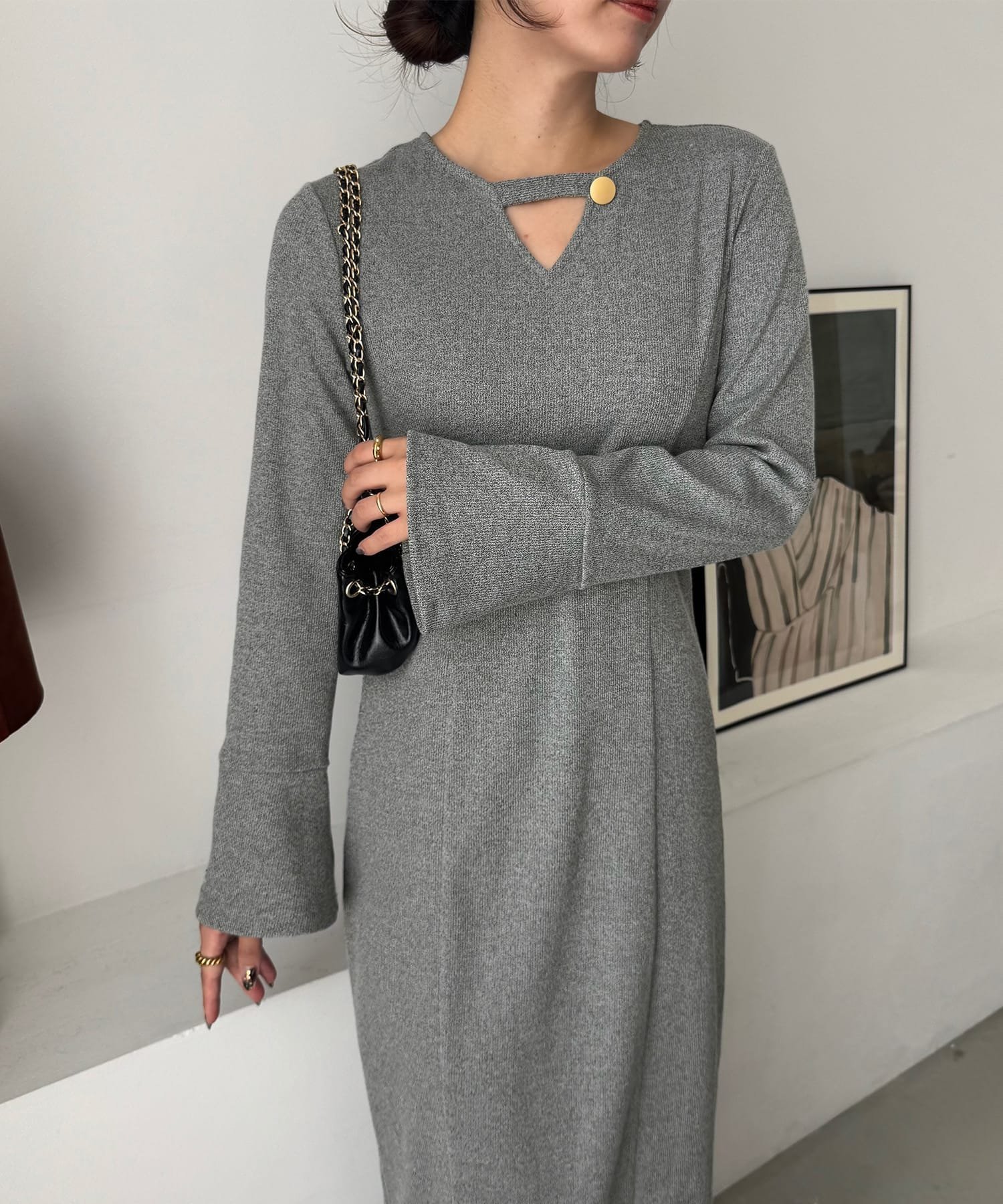 【ジュノア/JUNOAH】のフレアスリーブIラインリブワンピース インテリア・キッズ・メンズ・レディースファッション・服の通販 founy(ファニー) 　ファッション　Fashion　レディースファッション　Fashion for Women　ワンピース　Dresses　スリーブ　Sleeve, Long Sleeve / Short Sleeve　フレア　Flare, Flared　グレー|ID: prp329100004682130 ipo3291000000033979577