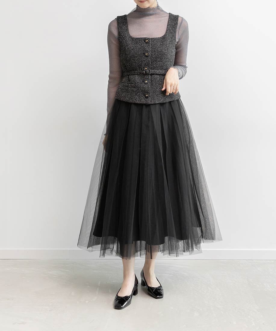【ランダ/RANDA】のスクエアネックジレ チュールスカート インテリア・キッズ・メンズ・レディースファッション・服の通販 founy(ファニー) 　ファッション　Fashion　レディースファッション　Fashion for Women　アウター　Coat / Outerwear Collection　エレガント 上品　Elegant　スクエア　Square, Square Shape　チュール　Tulip, Tulip Motif　ツイード　Twill, Twill Weave　トレンド　Trend, Trending Now　ノースリーブ　Sleeveless, No-Sleeve　プリーツ　Pleats, Pleated　BLACK|ID: prp329100004682157 ipo3291000000033815346