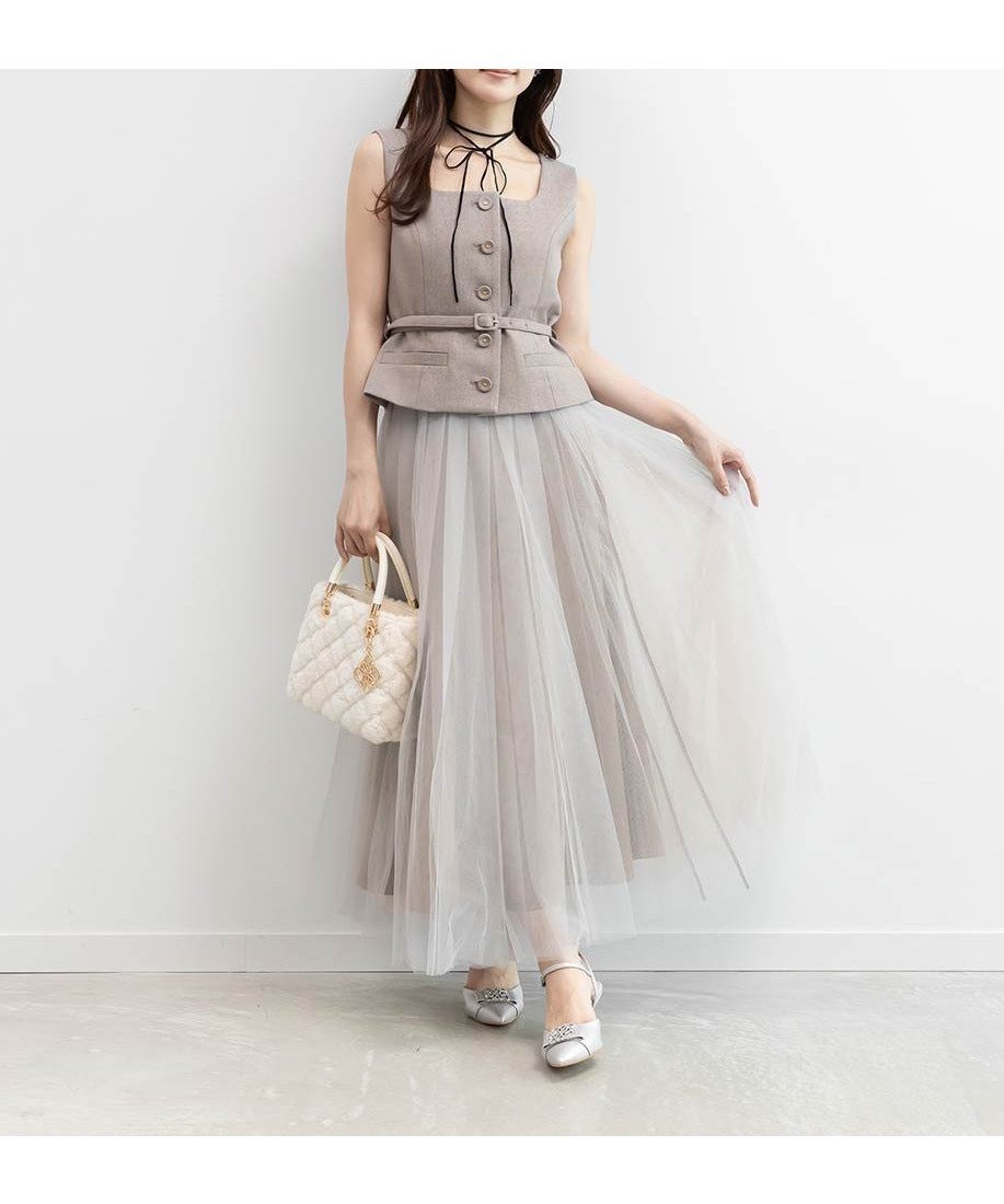 【ランダ/RANDA】のスクエアネックジレ チュールスカート インテリア・キッズ・メンズ・レディースファッション・服の通販 founy(ファニー) 　ファッション　Fashion　レディースファッション　Fashion for Women　アウター　Coat / Outerwear Collection　エレガント 上品　Elegant　スクエア　Square, Square Shape　チュール　Tulip, Tulip Motif　ツイード　Twill, Twill Weave　トレンド　Trend, Trending Now　ノースリーブ　Sleeveless, No-Sleeve　プリーツ　Pleats, Pleated　GREGE|ID: prp329100004682157 ipo3291000000033815348