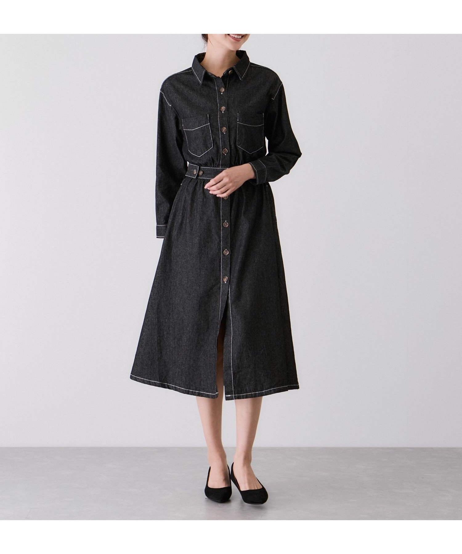【ジャイロ/JAYRO】のウエストマークデニムシャツロングワンピース インテリア・キッズ・メンズ・レディースファッション・服の通販 founy(ファニー) 　ファッション　Fashion　レディースファッション　Fashion for Women　ワンピース　Dresses　シンプル　Simple, Minimal　デニム　Denim, Jeans Material　パッチ　Patch, Appliqué　フロント　Front, Front Design　ポケット　Pocket, Pocket Detail　ロング　Long, Long-Length　楽ちん　Easy Fit, Comfortable　ブラック(01)|ID: prp329100004682220 ipo3291000000033815618