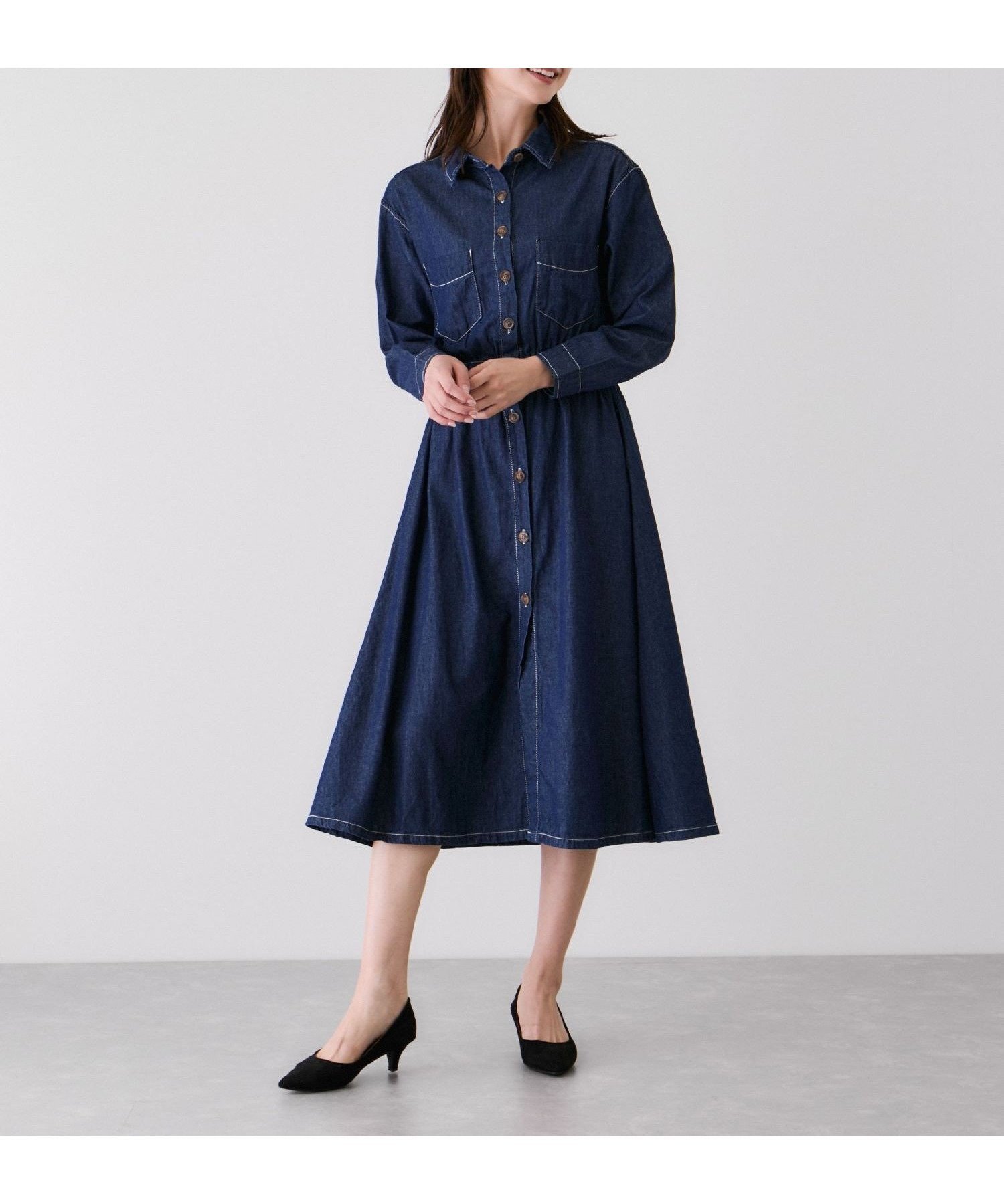 【ジャイロ/JAYRO】のウエストマークデニムシャツロングワンピース インテリア・キッズ・メンズ・レディースファッション・服の通販 founy(ファニー) 　ファッション　Fashion　レディースファッション　Fashion for Women　ワンピース　Dresses　シンプル　Simple, Minimal　デニム　Denim, Jeans Material　パッチ　Patch, Appliqué　フロント　Front, Front Design　ポケット　Pocket, Pocket Detail　ロング　Long, Long-Length　楽ちん　Easy Fit, Comfortable　ネイビー(40)|ID: prp329100004682220 ipo3291000000033815621