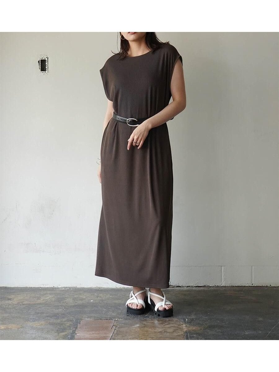 【ラシュッド/LASUD】のバックベルトノースリーブリブワンピース インテリア・キッズ・メンズ・レディースファッション・服の通販 founy(ファニー) 　ファッション　Fashion　レディースファッション　Fashion for Women　ワンピース　Dresses　ベルト&ウエストマーク　Belts & Waist Accessories　ストレッチ　Stretch, Stretchy Fabric　スリット　Slit, Slit Detail　ポケット　Pocket, Pocket Detail　エレガント 上品　Elegant　ブラウン|ID: prp329100004682233 ipo3291000000033885995