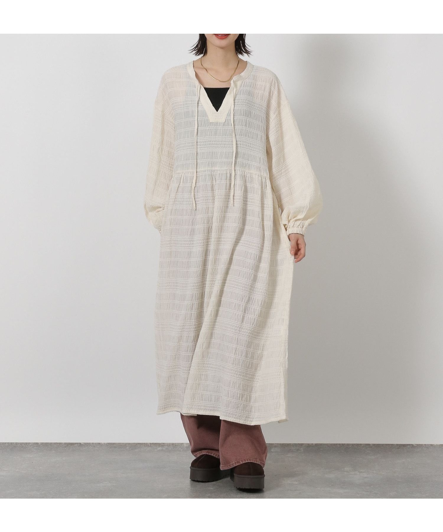 【ラコレ/LAKOLE】のモールストライプカフタンワンピース インテリア・キッズ・メンズ・レディースファッション・服の通販 founy(ファニー) 　ファッション　Fashion　レディースファッション　Fashion for Women　ワンピース　Dresses　おすすめ　Recommended / Our Picks　インナー　Innerwear　ストライプ　Stripe, Striped Pattern　デコルテ　Décolleté, Neckline　デニム　Denim, Jeans Material　フレア　Flare, Flared　ボトム　Bottoms, Lower Wear　リボン　Ribbon, Bow　冬　Winter / This Winter　アイボリー|ID: prp329100004682291 ipo3291000000033885909