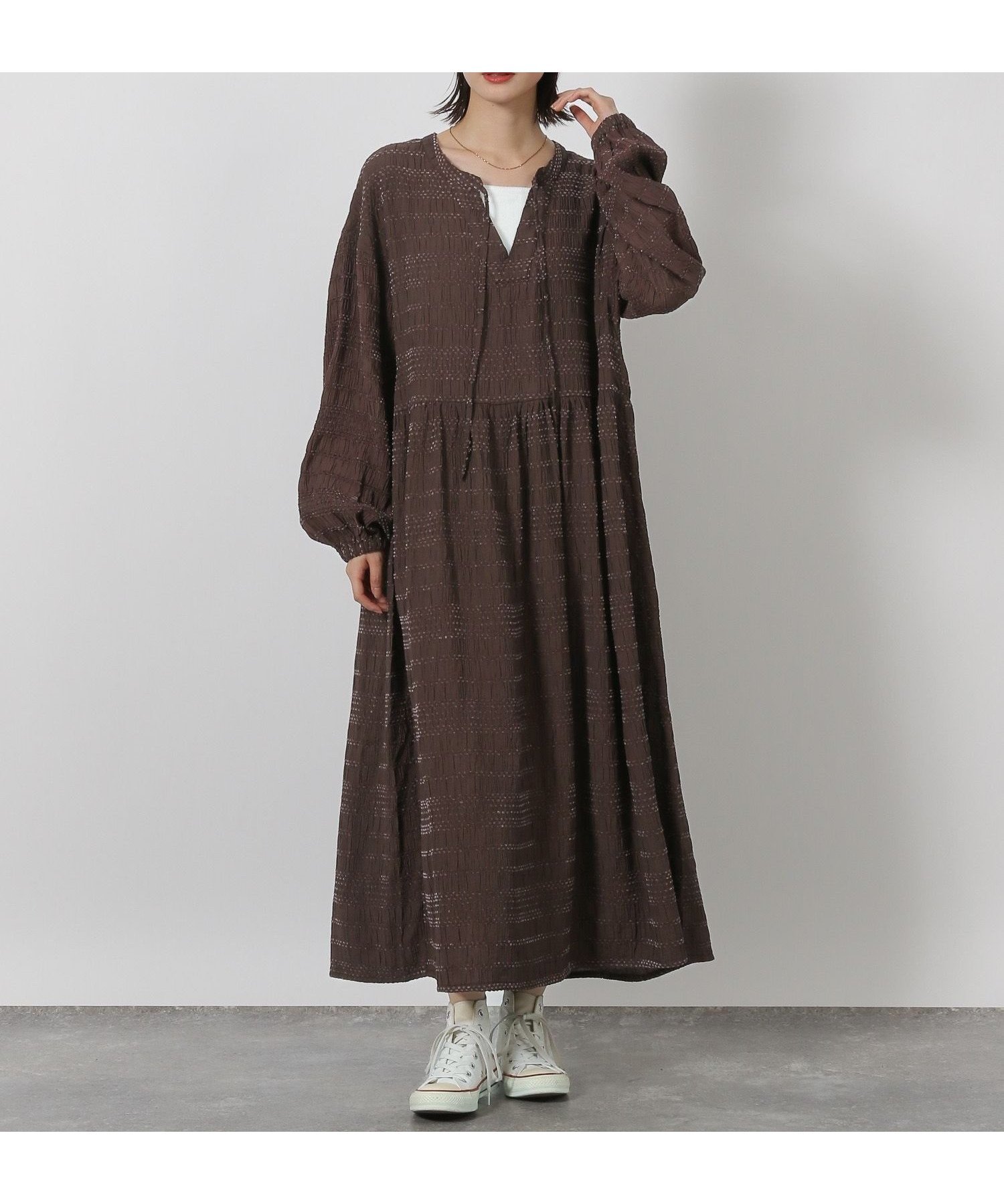 【ラコレ/LAKOLE】のモールストライプカフタンワンピース インテリア・キッズ・メンズ・レディースファッション・服の通販 founy(ファニー) 　ファッション　Fashion　レディースファッション　Fashion for Women　ワンピース　Dresses　おすすめ　Recommended / Our Picks　インナー　Innerwear　ストライプ　Stripe, Striped Pattern　デコルテ　Décolleté, Neckline　デニム　Denim, Jeans Material　フレア　Flare, Flared　ボトム　Bottoms, Lower Wear　リボン　Ribbon, Bow　冬　Winter / This Winter　ダークブラウン|ID: prp329100004682291 ipo3291000000033885910