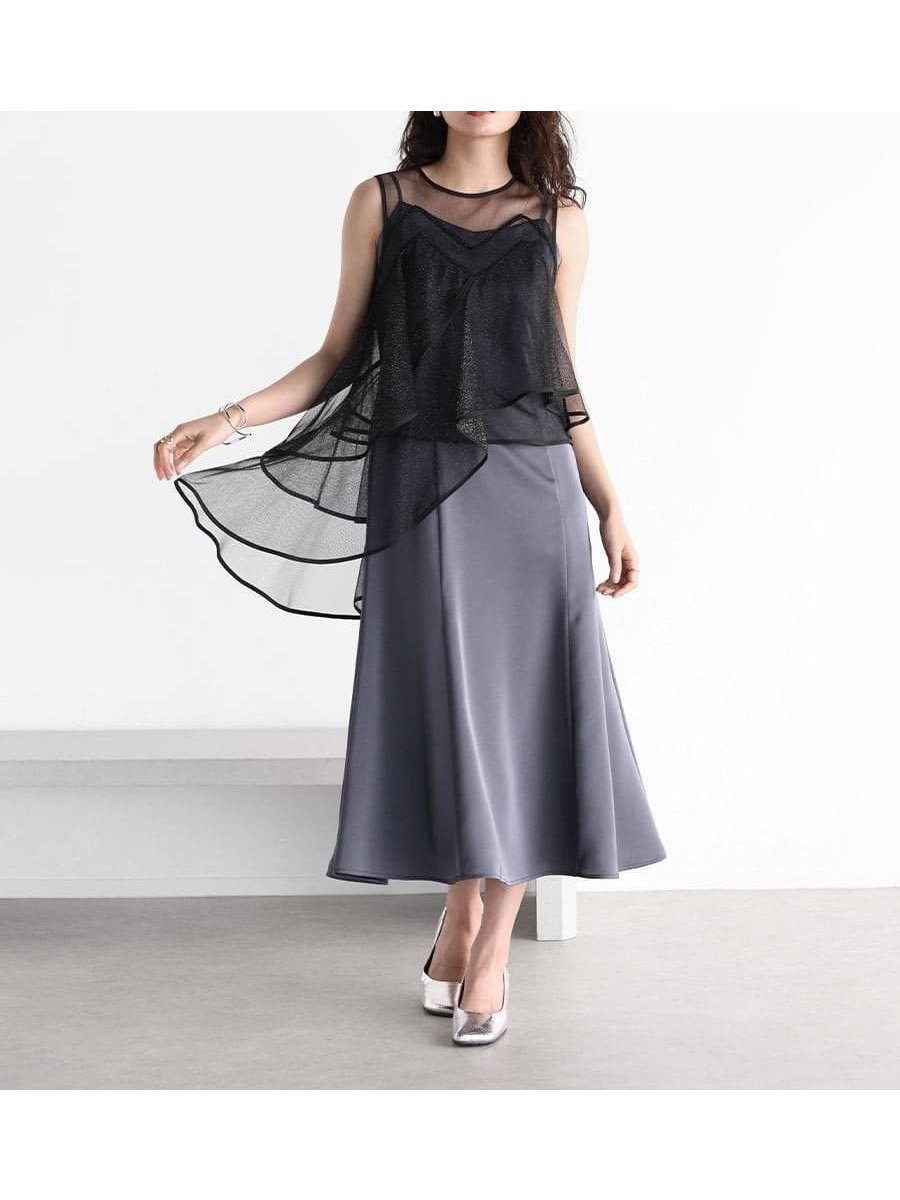 【ラシュッド/LASUD】のアシンメトリーラメチュールサテンドレス インテリア・キッズ・メンズ・レディースファッション・服の通販 founy(ファニー) 　ファッション　Fashion　レディースファッション　Fashion for Women　ワンピース　Dresses　フォーマル・パーティードレス・結婚式用ドレス　Elegant & Casual Dresses　おすすめ　Recommended / Our Picks　アシンメトリー　Asymmetrical Style　サテン　Satin, Glossy Fabric　チュール　Tulip, Tulip Motif　ドレス　Dress, One-Piece　ノースリーブ　Sleeveless, No-Sleeve　バランス　Balance, Style Balance　フレア　Flare, Flared　チャコールグレー|ID: prp329100004682312 ipo3291000000033815982