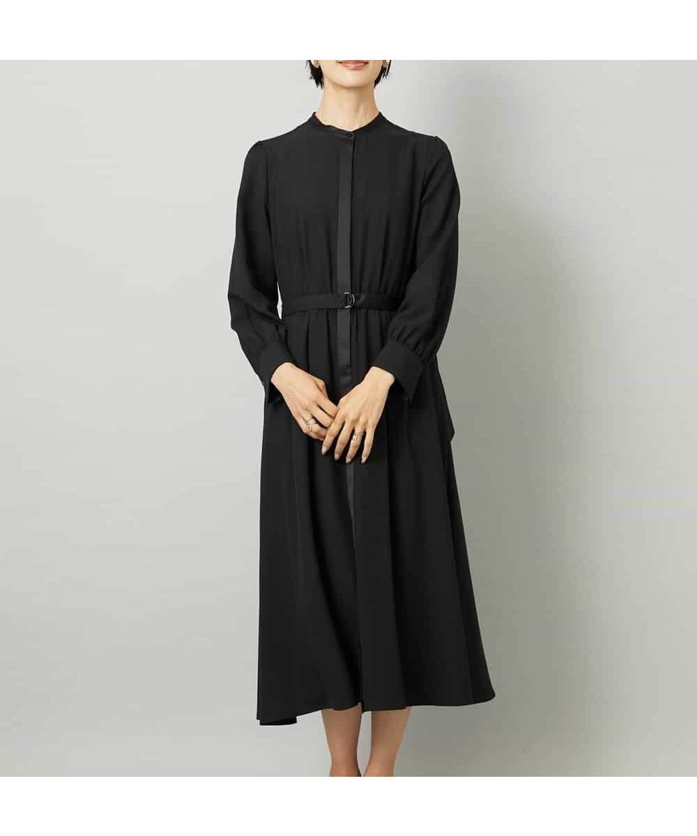 【ミッシェルクラン/MICHEL KLEIN】のノーカラーフレアーワンピース インテリア・キッズ・メンズ・レディースファッション・服の通販 founy(ファニー) 　ファッション　Fashion　レディースファッション　Fashion for Women　ワンピース　Dresses　オケージョン　Occasion Wear　洗える　Machine Washable　コンパクト　Compact, Small Size　サテン　Satin, Glossy Fabric　シューズ　Shoes, Footwear　シンプル　Simple, Minimal　ジャケット　Jacket, Outerwear　ストレッチ　Stretch, Stretchy Fabric　フラット　Flat, Flat Shoes　フロント　Front, Front Design　ペチコート　Petticoat, Underskirt　ポケット　Pocket, Pocket Detail　エレガント 上品　Elegant　ブラック|ID: prp329100004682345 ipo3291000000033816091