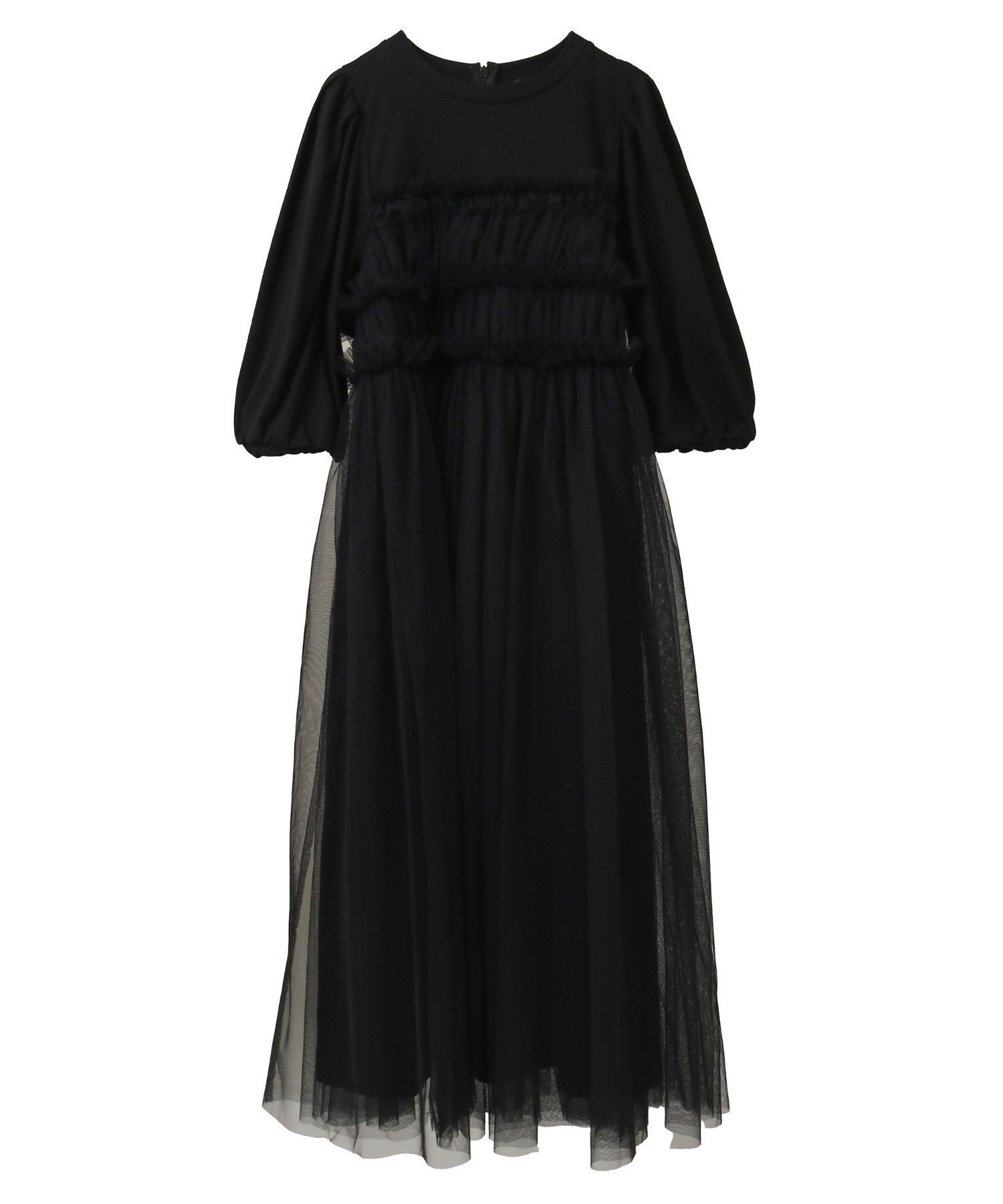 【キャンディストリッパー/Candy Stripper】のGATHERED TULLE LAYERED DRESS インテリア・キッズ・メンズ・レディースファッション・服の通販 founy(ファニー) 　ファッション　Fashion　レディースファッション　Fashion for Women　ワンピース　Dresses　フォーマル・パーティードレス・結婚式用ドレス　Elegant & Casual Dresses　カットソー　Cut and Sewn Top　ガーリー　Girly, Feminine Style　ギャザー　Gathered, Ruffled　サテン　Satin, Glossy Fabric　スリーブ　Sleeve, Long Sleeve / Short Sleeve　チュール　Tulip, Tulip Motif　ドッキング　Docking, Mixed Material　フリル　Frill, Ruffle　リボン　Ribbon, Bow　BLACK|ID: prp329100004682384 ipo3291000000033816319