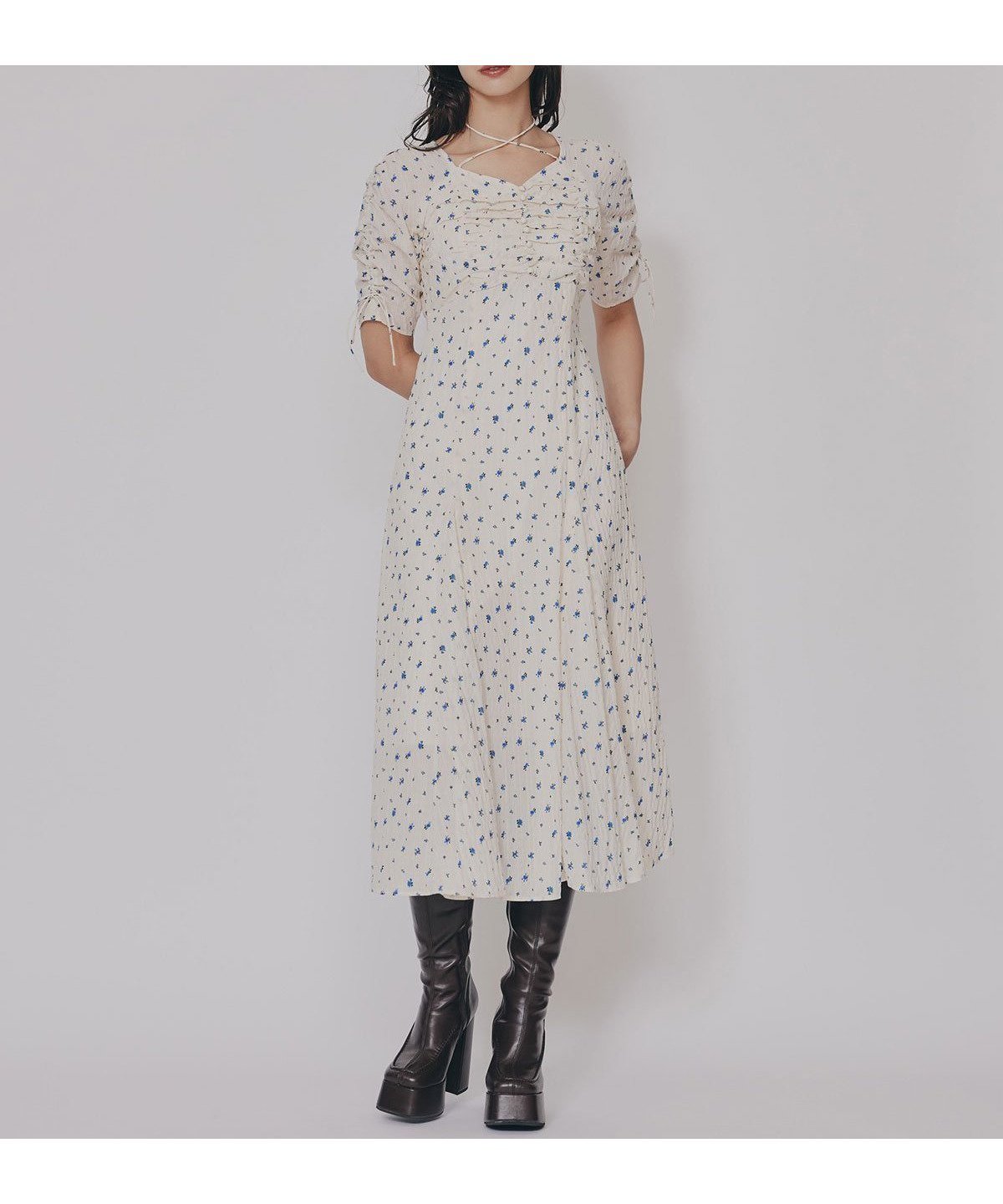 【レディアゼル/REDYAZEL】のミニフラワーイレヘムロングワンピース 人気、トレンドファッション・服の通販 founy(ファニー) 　ファッション　Fashion　レディースファッション　Fashion for Women　ワンピース　Dresses　おすすめ　Recommended / Our Picks　カーディガン　Cardigan, Knitwear　シャーリング　Shirring, Ruched　デコルテ　Décolleté, Neckline　フラワー　Flower, Floral　プリント　Print, Printed Pattern　ライダース　Riders　リボン　Ribbon, Bow　ロング　Long, Long-Length　A/W・秋冬　Autumn/Winter　 other-1|ID: prp329100004682430 ipo3291000000033816519