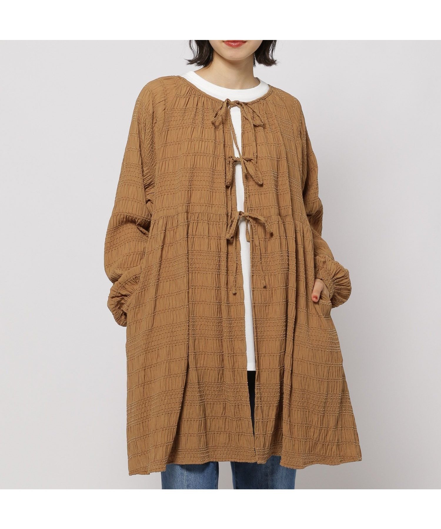 【ニコアンド/niko and】のモールギャザーチュニックワンピース インテリア・キッズ・メンズ・レディースファッション・服の通販 founy(ファニー) 　ファッション　Fashion　レディースファッション　Fashion for Women　ワンピース　Dresses　チュニック　Tunic Tops & Dresses　おすすめ　Recommended / Our Picks　ギャザー　Gathered, Ruffled　チュニック　Tunic, Long Top　デニム　Denim, Jeans Material　ドレープ　Drape, Draping Fabric　フロント　Front, Front Design　リボン　Ribbon, Bow　楽ちん　Easy Fit, Comfortable　キャメル|ID: prp329100004682494 ipo3291000000034000421