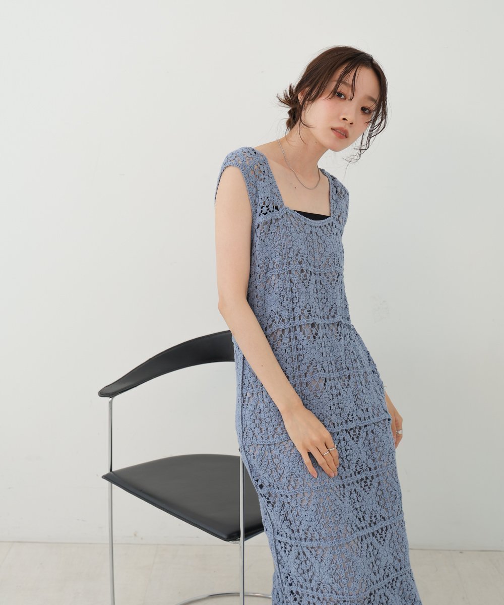【バブ ブージュルード/Bab Bou Jeloud】の【お気に入り登録累計6.5万人!】【低身長向けサイズあり】クロシェロングワンピース インテリア・キッズ・メンズ・レディースファッション・服の通販 founy(ファニー) 　ファッション　Fashion　レディースファッション　Fashion for Women　ワンピース　Dresses　カーディガン　Cardigan, Knitwear　クロシェ　Crochet, Knitted Lace　ショルダー　Shoulder, Shoulder Strap　スクエア　Square, Square Shape　スリット　Slit, Slit Detail　フラワー　Flower, Floral　モチーフ　Motif, Design Theme　BLUE|ID: prp329100004682507 ipo3291000000033816843