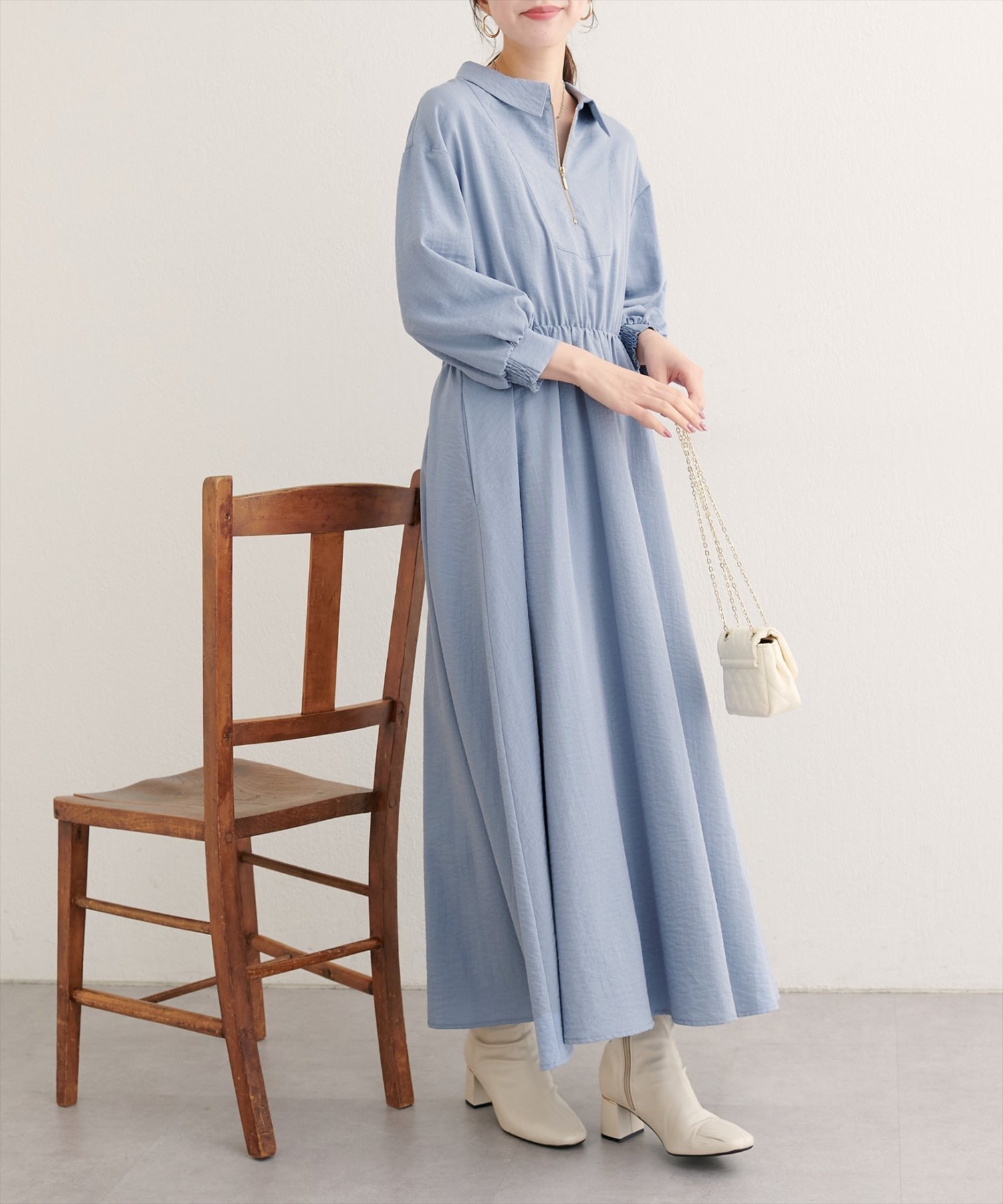 【ナチュラルクチュール/natural couture】の【WEB限定】フロントZIP衿付きワンピース インテリア・キッズ・メンズ・レディースファッション・服の通販 founy(ファニー) 　ファッション　Fashion　レディースファッション　Fashion for Women　ワンピース　Dresses　カーディガン　Cardigan, Knitwear　サンダル　Sandals, Summer Shoes　シェイプ　Shape, Slim Fit　シューズ　Shoes, Footwear　ジップ　Zip, Zipper　ジャケット　Jacket, Outerwear　ストラップサンダル　Strappy Sandals, Strap Sandals　スニーカー　Sneakers, Trainers　フラット　Flat, Flat Shoes　フロント　Front, Front Design　ポケット　Pocket, Pocket Detail　リラックス　Relax, Relaxed Fit　再入荷　Restock / Back in Stock　おすすめ　Recommended / Our Picks　エレガント 上品　Elegant　2025年　2025　2025-2026秋冬・A/W　Autumn/Winter 2025–26 AW25–26　サックスブルー|ID: prp329100004682643 ipo3291000000033955617