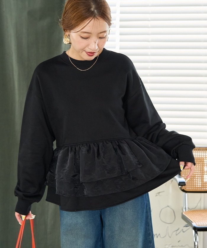 【フリークスストア/FREAK'S STORE】のオーガンジー フリル 切り替え 裏毛 スウェット プルオーバー【限定展開】 インテリア・キッズ・メンズ・レディースファッション・服の通販 founy(ファニー) 　ファッション　Fashion　レディースファッション　Fashion for Women　トップス・カットソー　Cut & Sew Tops　レディースパーカー・カジュアルフーディー　Casual Hoodies & Sweatshirts　カジュアルプルオーバー・ニットトップス　Pullovers & Knit Tops / Casual Pullovers　スウェット・クルーネックトップス　Sweatshirts & Crewnecks / Relaxed Fit Sweat Tops　冬　Winter / This Winter　おすすめ　Recommended / Our Picks　オーガンジー　Organza Fabric　シンプル　Simple, Minimal　スウェット / スエット　Sweatshirt, Sweatwear　タイトスカート　Pencil Skirt, Tight Skirt　フェミニン　Feminine, Girly　フリル　Frill, Ruffle　ミックス　Mix, Mixed Style　A/W・秋冬　Autumn/Winter　ブラック|ID: prp329100004682933 ipo3291000000033819790