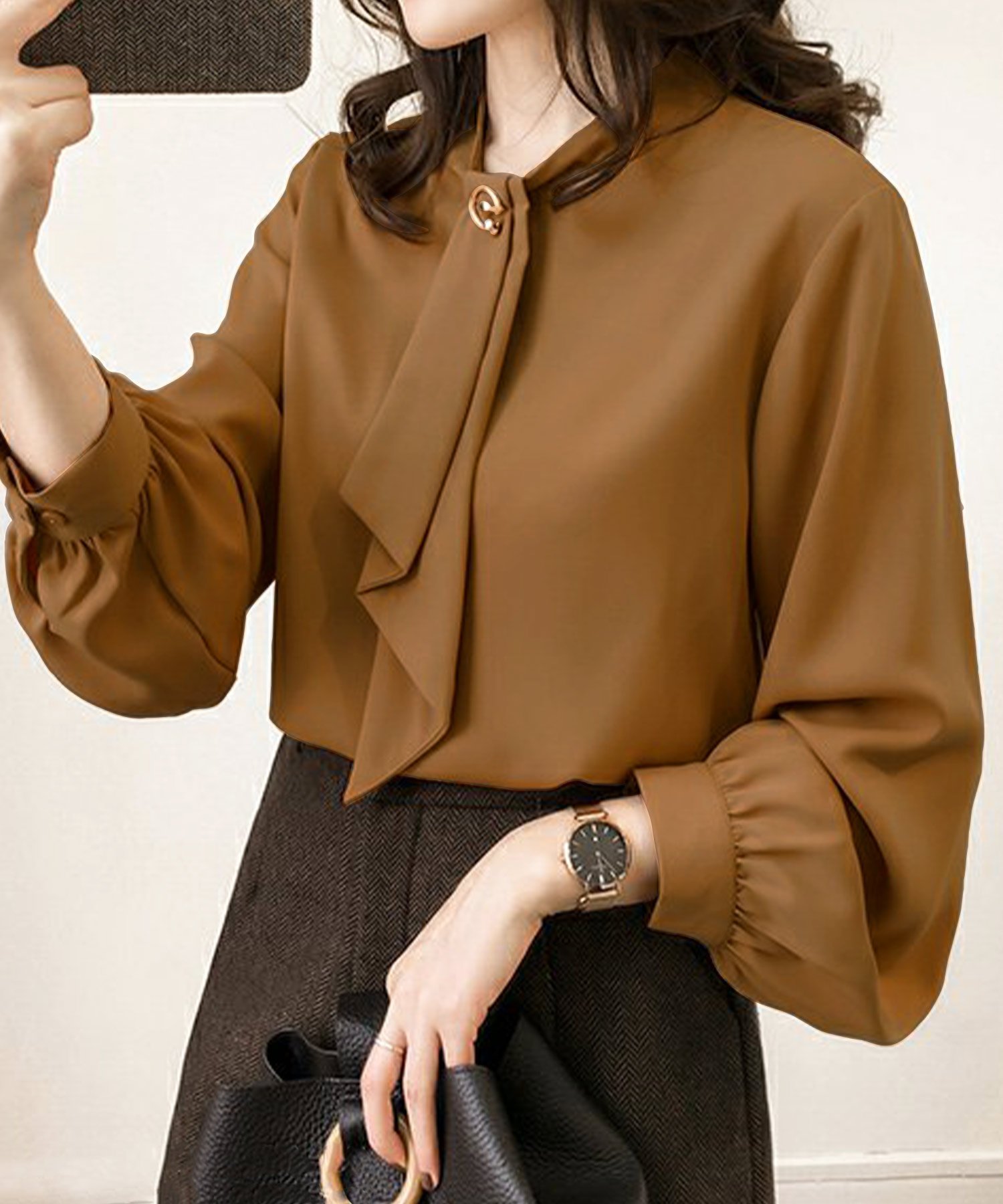 【アミュレット/Amulet】の【Amulet】ボウタイブラウス インテリア・キッズ・メンズ・レディースファッション・服の通販 founy(ファニー) 　ファッション　Fashion　レディースファッション　Fashion for Women　トップス・カットソー　Cut & Sew Tops　シャツ・ブラウス・オフィスカジュアル　Elegant Blouses & Button-Ups　フェミニン　Feminine, Girly　フォーマル　Formal, Dressy　エレガント 上品　Elegant　キャメル|ID: prp329100004683577 ipo3291000000033976529