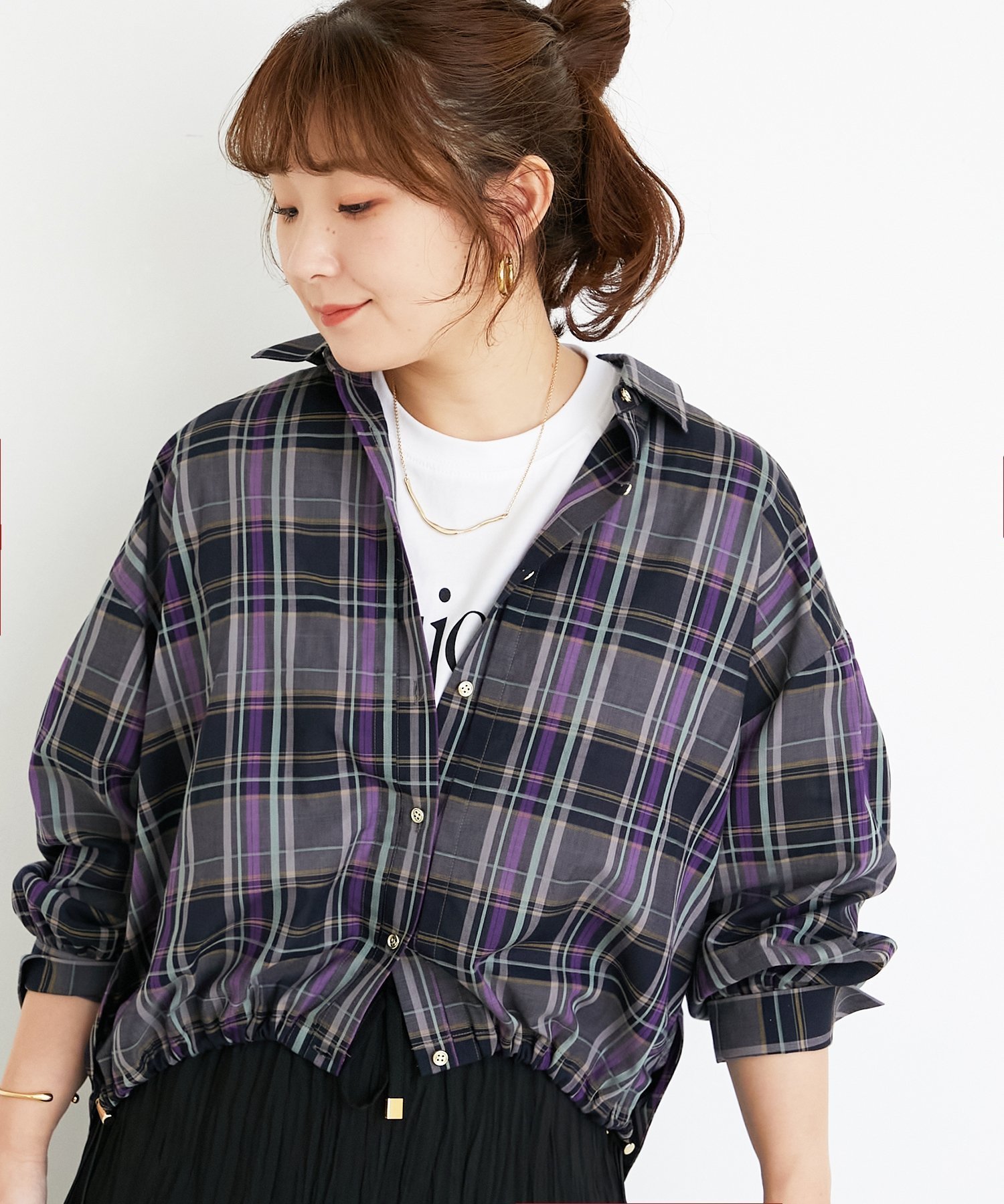 【ルクールブラン/le.coeur blanc】のドロストチェックシャツ インテリア・キッズ・メンズ・レディースファッション・服の通販 founy(ファニー) 　ファッション　Fashion　レディースファッション　Fashion for Women　トップス・カットソー　Cut & Sew Tops　シャツ・ブラウス・オフィスカジュアル　Elegant Blouses & Button-Ups　おすすめ　Recommended / Our Picks　シアー　Sheer, See-Through　チェック　Check, Plaid, Tartan　バランス　Balance, Style Balance　秋　Autumn　ブラック柄|ID: prp329100004683581 ipo3291000000033823801