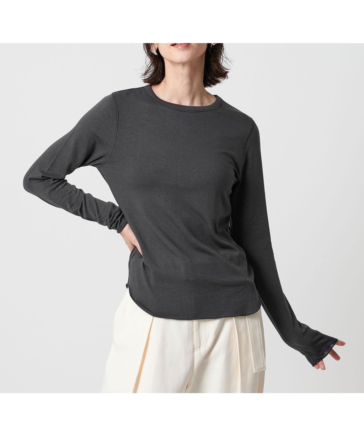 【ビューティ&ユース ユナイテッドアローズ/BEAUTY&YOUTH / UNITED ARROWS】のセルロースウールブレンド クルーネックカットソー インテリア・キッズ・メンズ・レディースファッション・服の通販 founy(ファニー) 　ファッション　Fashion　レディースファッション　Fashion for Women　トップス・カットソー　Cut & Sew Tops　カットソー・ベーシックTシャツ　Cut-and-Sewn Tops / Stretch Tees & Basics　おすすめ　Recommended / Our Picks　カットソー　Cut and Sewn Top　ロング　Long, Long-Length　定番　Standard, Basic Item　DK.GRAY|ID: prp329100004683650 ipo3291000000033824188