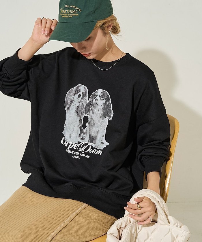 【フリークスストア/FREAK'S STORE】のツインズ ドッグ プリント スウェット【限定展開】 25AW インテリア・キッズ・メンズ・レディースファッション・服の通販 founy(ファニー) 　ファッション　Fashion　レディースファッション　Fashion for Women　トップス・カットソー　Cut & Sew Tops　レディースパーカー・カジュアルフーディー　Casual Hoodies & Sweatshirts　スウェット・クルーネックトップス　Sweatshirts & Crewnecks / Relaxed Fit Sweat Tops　2025年　2025　2025-2026秋冬・A/W　Autumn/Winter 2025–26 AW25–26　冬　Winter / This Winter　おすすめ　Recommended / Our Picks　インナー　Innerwear　スウェット / スエット　Sweatshirt, Sweatwear　スラックス　Slacks, Dress Pants　デニム　Denim, Jeans Material　バランス　Balance, Style Balance　プリント　Print, Printed Pattern　ロング　Long, Long-Length　A/W・秋冬　Autumn/Winter　ブラック|ID: prp329100004683957 ipo3291000000033825896