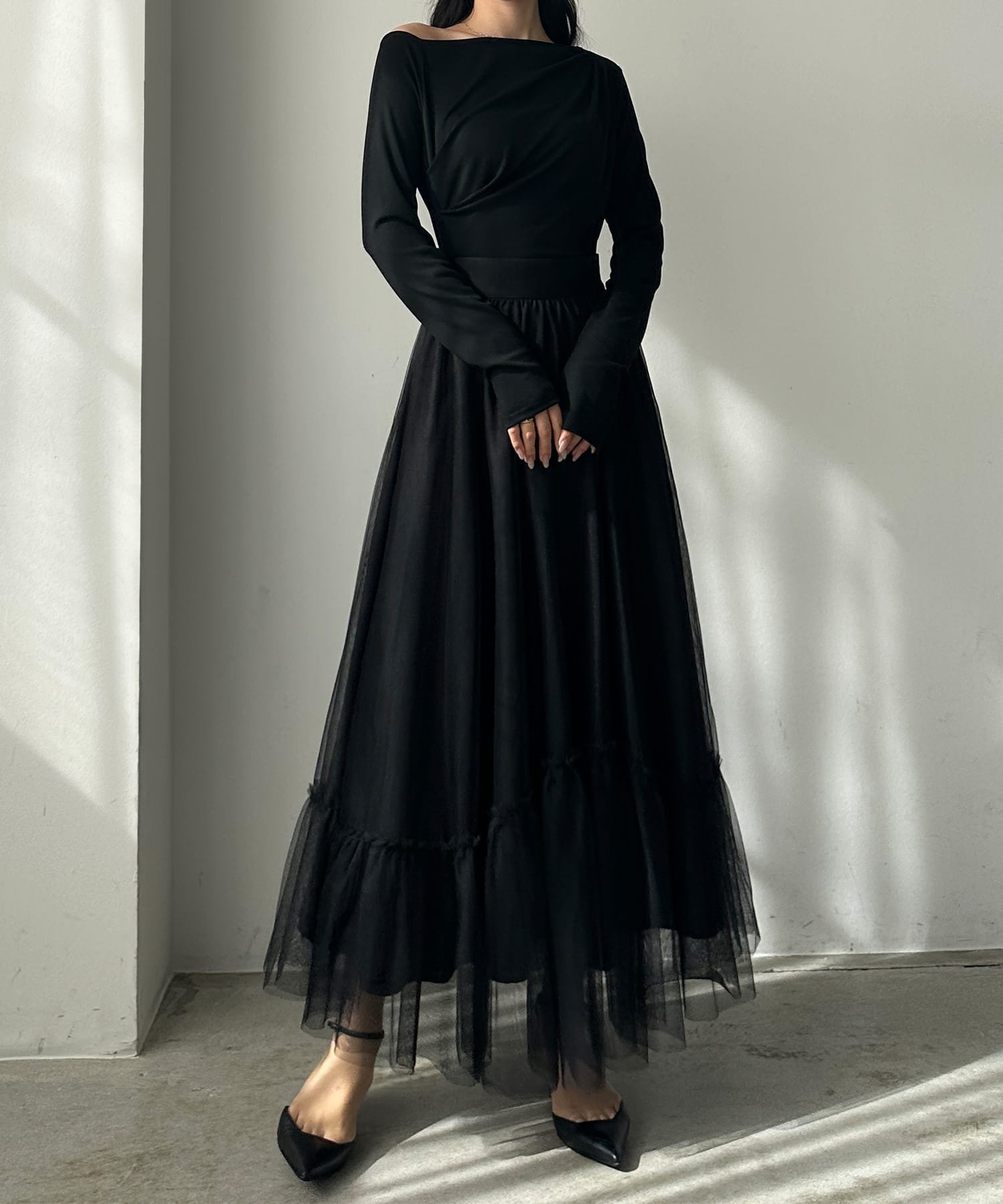 【ジュノア/JUNOAH】の裾切替フリルチュールティアードスカート インテリア・キッズ・メンズ・レディースファッション・服の通販 founy(ファニー) 　ファッション　Fashion　レディースファッション　Fashion for Women　スカート　Skirts　ティアードスカート　Tiered Skirts　切替　Switching, Contrast Panel　ブラック|ID: prp329100004684004 ipo3291000000033911159