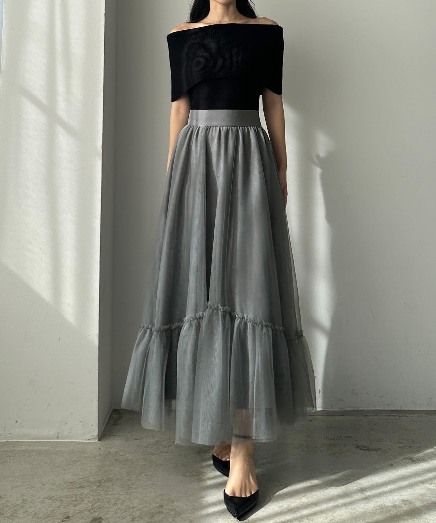 【ジュノア/JUNOAH】の裾切替フリルチュールティアードスカート インテリア・キッズ・メンズ・レディースファッション・服の通販 founy(ファニー) 　ファッション　Fashion　レディースファッション　Fashion for Women　スカート　Skirts　ティアードスカート　Tiered Skirts　切替　Switching, Contrast Panel　チャコール|ID: prp329100004684004 ipo3291000000033911162
