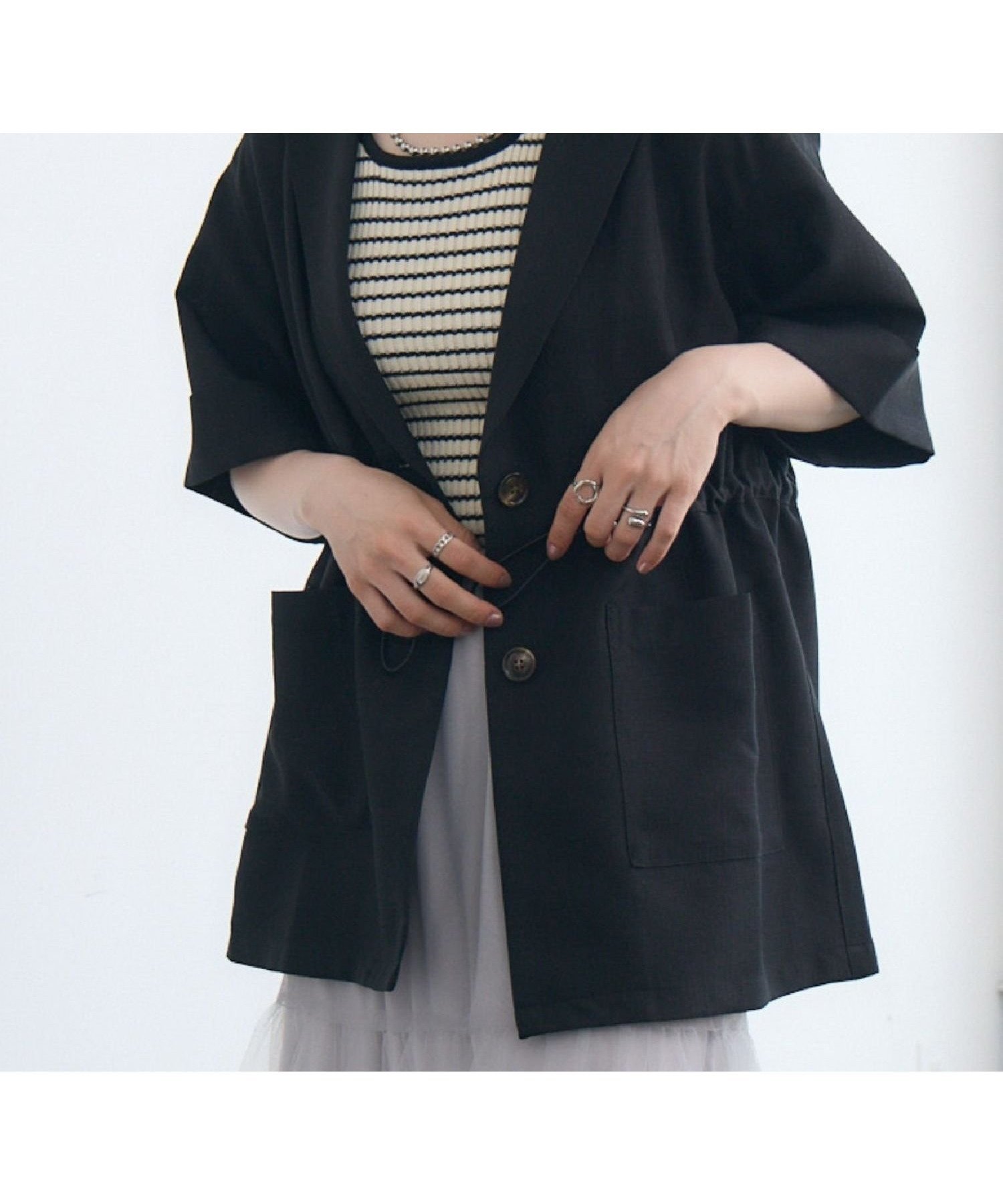 【レトロガール/RETRO GIRL】のドロストテーラードJK インテリア・キッズ・メンズ・レディースファッション・服の通販 founy(ファニー) 　ファッション　Fashion　レディースファッション　Fashion for Women　おすすめ　Recommended / Our Picks　キルト　Quilt, Quilted Fabric　サマー　Summer, Summer Style　ジャケット　Jacket, Outerwear　セットアップ　Set-Up, Coordinated Outfit　トレンド　Trend, Trending Now　ベーシック　Basic, Essential　夏　Summer　ブラック|ID: prp329100004684347 ipo3291000000033828584