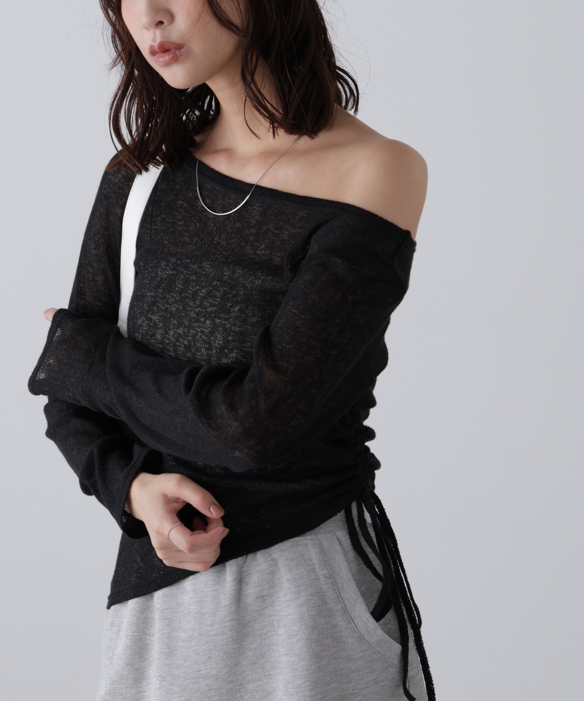 【フリーズマート/FREE'S MART】のメランジドロストシャーリングカットソー インテリア・キッズ・メンズ・レディースファッション・服の通販 founy(ファニー) 　ファッション　Fashion　レディースファッション　Fashion for Women　トップス・カットソー　Cut & Sew Tops　カットソー・ベーシックTシャツ　Cut-and-Sewn Tops / Stretch Tees & Basics　インナー　Innerwear　カットソー　Cut and Sewn Top　カーディガン　Cardigan, Knitwear　シンプル　Simple, Minimal　ジャケット　Jacket, Outerwear　デニム　Denim, Jeans Material　ニットソー　Knit-Sewn, Cut & Sew Knit　バランス　Balance, Style Balance　メランジ　Melange, Mixed Yarn　リボン　Ribbon, Bow　ブラック|ID: prp329100004684991 ipo3291000000033833355